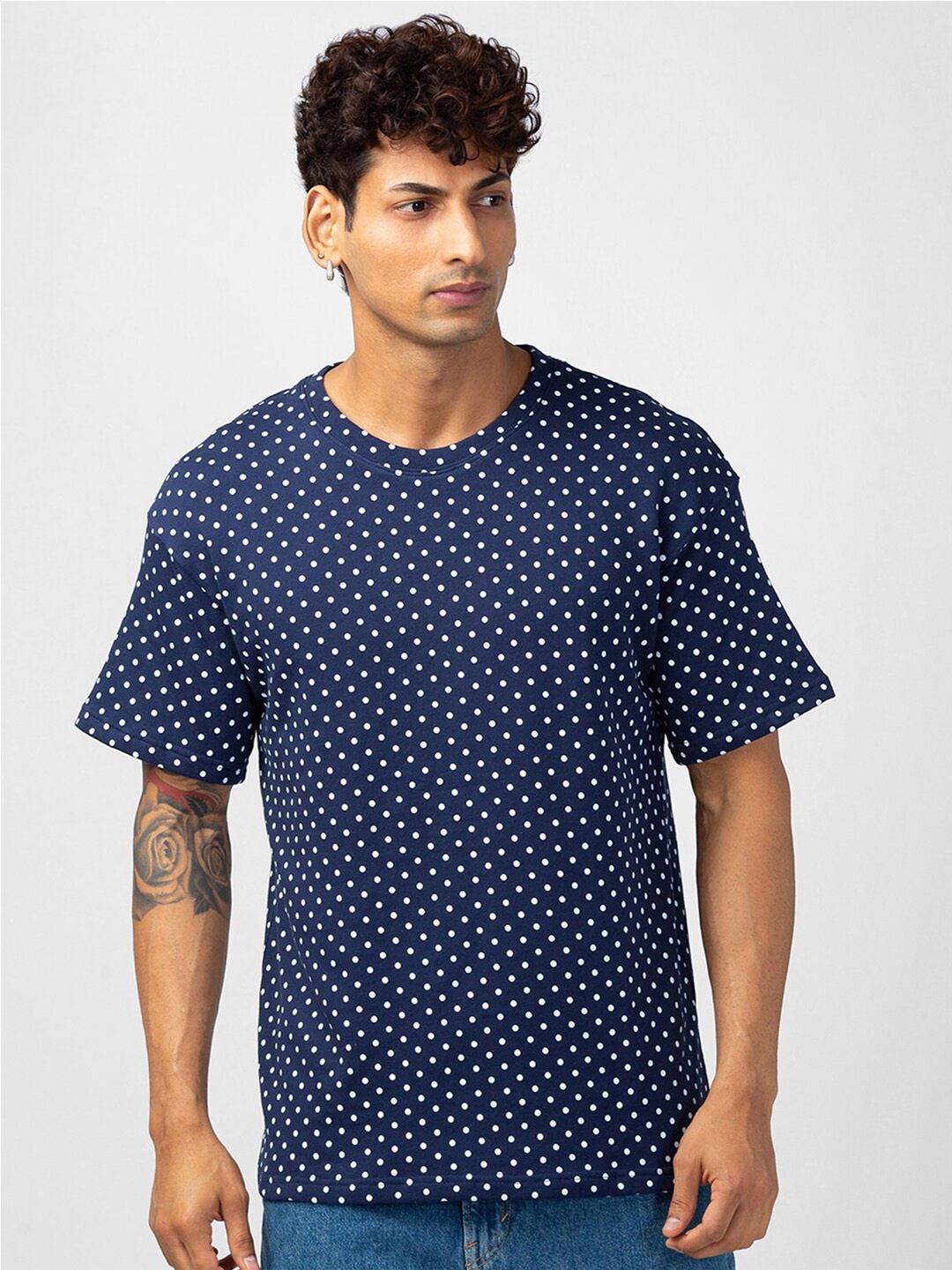 VASTRADO Men Polka Dots Printed Cotton T-shirt, Navy blue