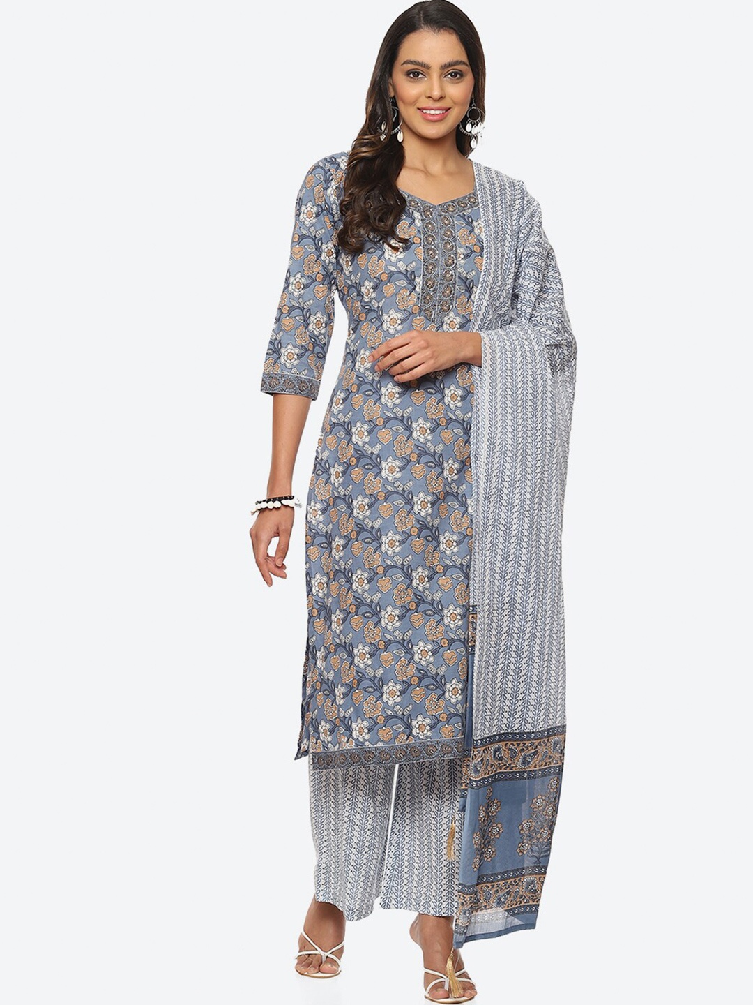 Biba Floral Printed Unstitched Dress Material, Blue