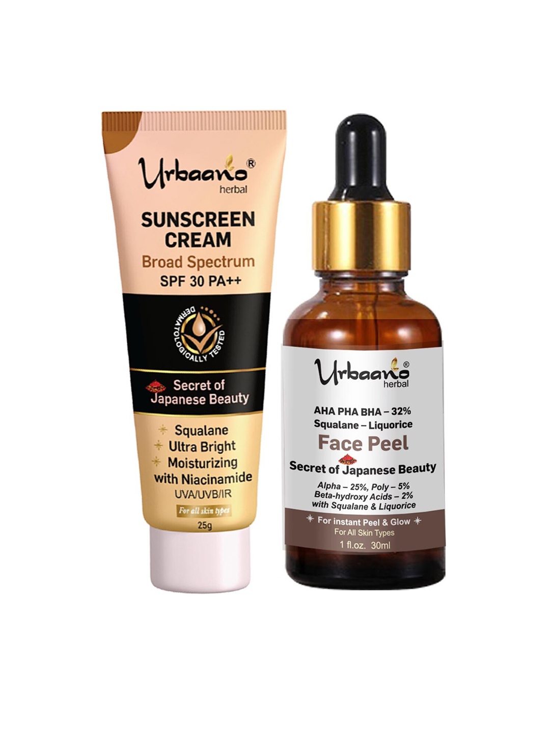 Urbaano Herbal Secret Of Japanese Beauty 2 Pcs 32% Liquorice Peeling Serum & Sunscreen Cream SPF 30 PA ++, White
Urbaano Herbal Secret Of Japanese Beauty 2 Pcs 32% Liquorice Peeling Serum & Sunscreen Cream SPF 30 PA ++, White