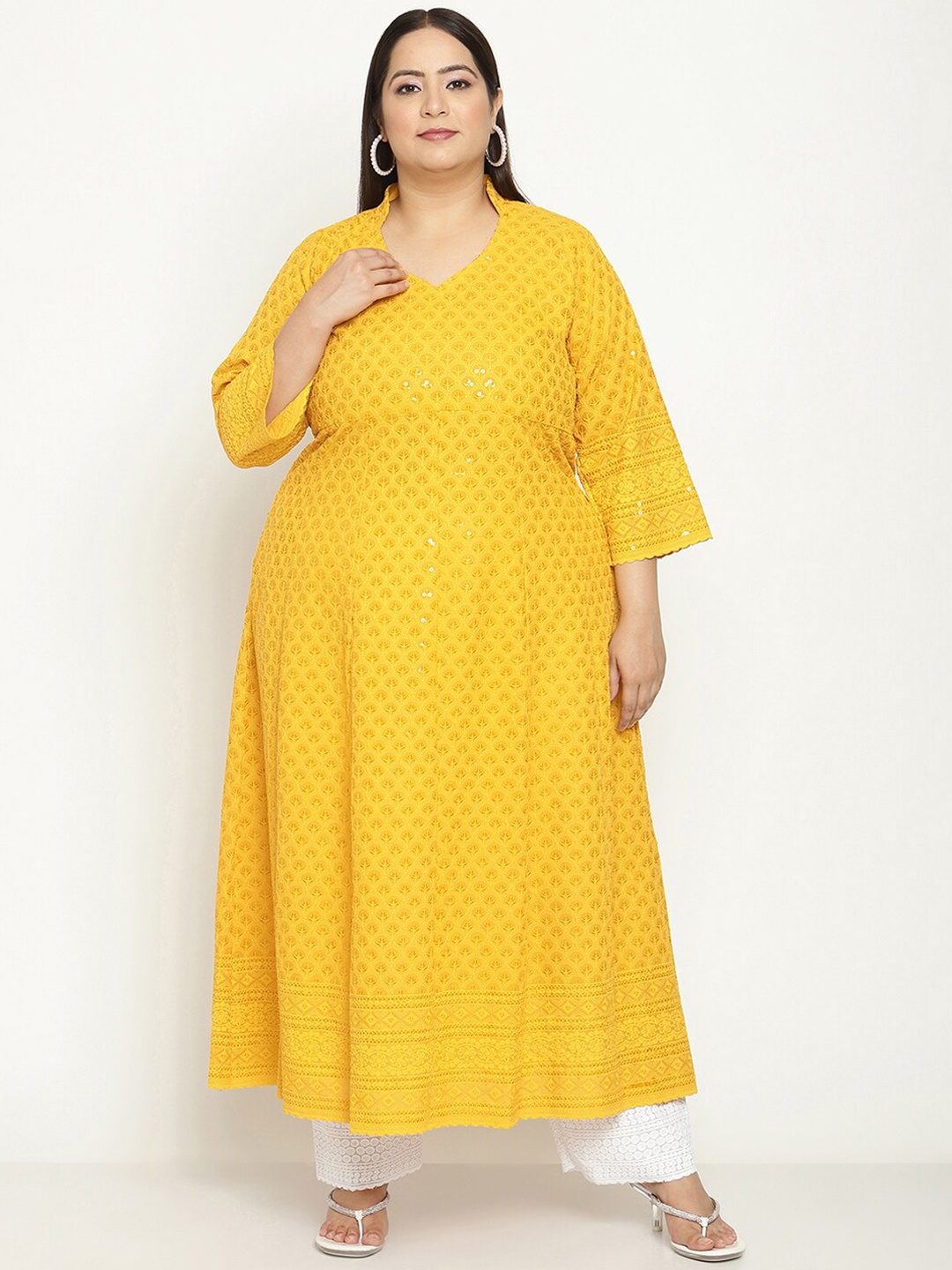 KALINI Women Plus size Ethnic Motifs Embroidered Chikankari Cotton Anarkali Kurta, Yellow
KALINI Women Plus size Ethnic Motifs Embroidered Chikankari Cotton Anarkali Kurta, Yellow