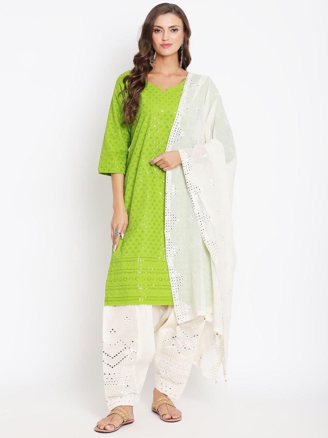KALINI Women Embroidered Chikankari Pure Cotton Kurta with Salwar and Dupatta, Green
KALINI Women Embroidered Chikankari Pure Cotton Kurta with Salwar and Dupatta, Green