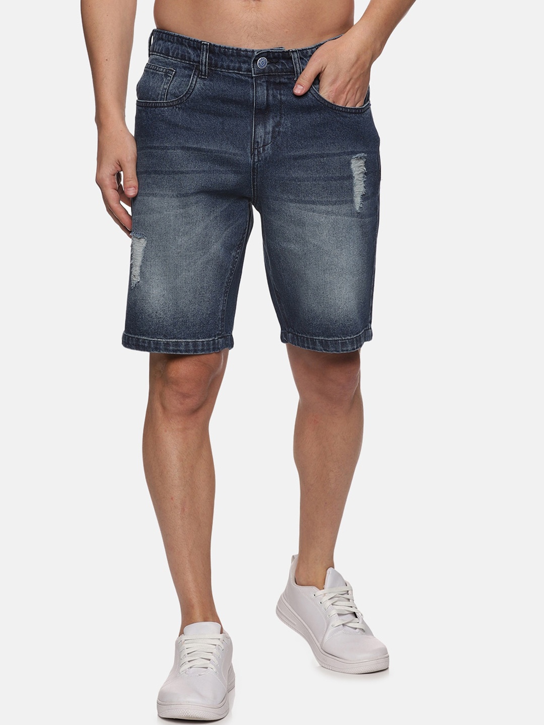 Old Grey Men Washed Slim Fit Denim Outdoor Denim Shorts, Blue