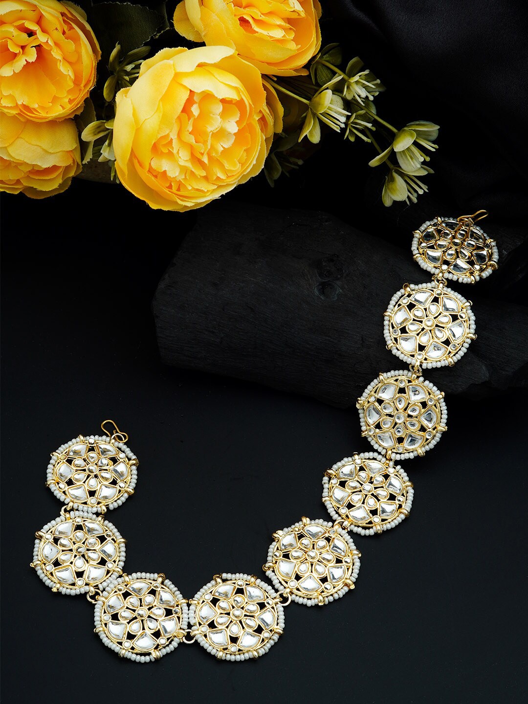 Urmika Women Gold-Plated Kundan Studded & Beaded Matha Patti, White