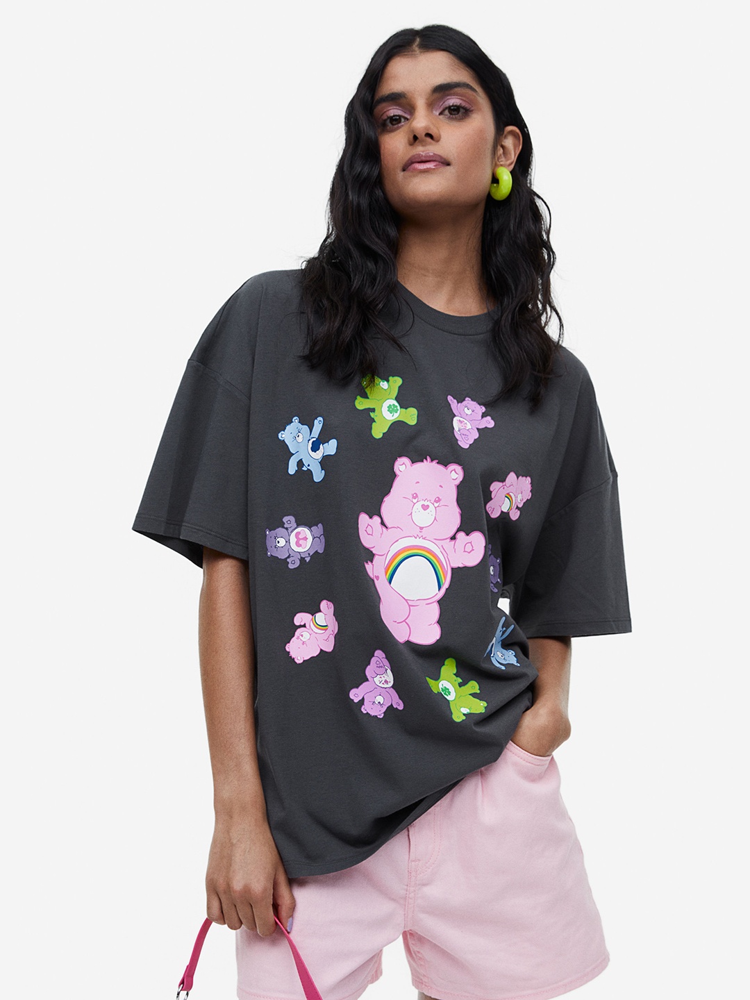 H&M Women Oversized Printed T-Shirt, Charcoal