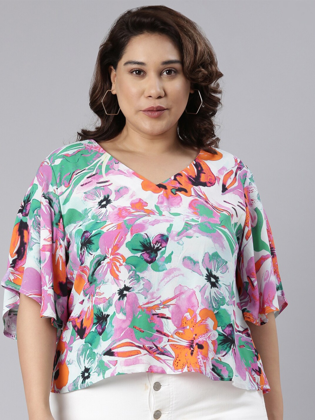 The Pink Moon Plus Size Floral Printed Flared Sleeves Top, White