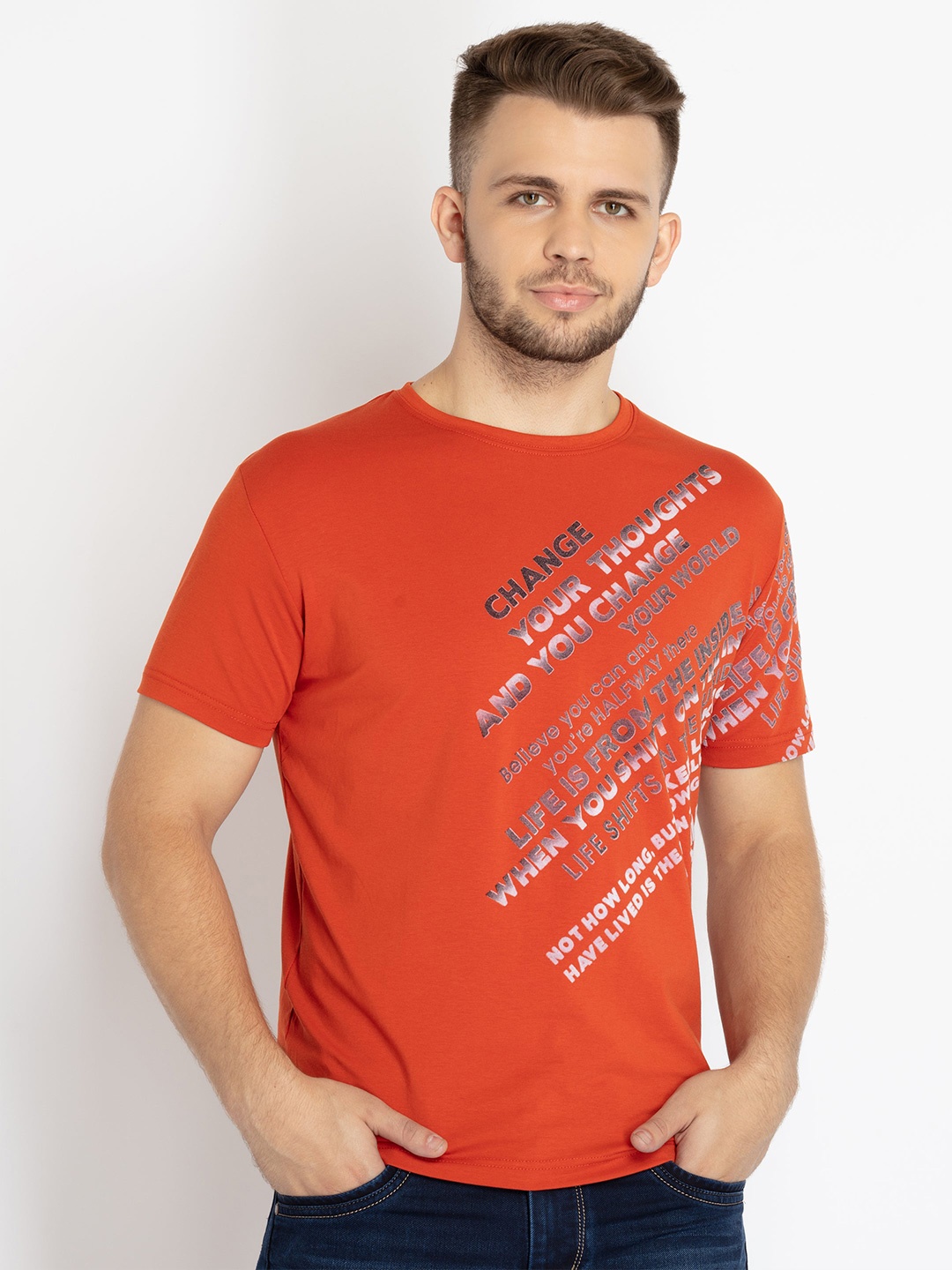 Status Quo Men Typography Printed T-shirt, Rust