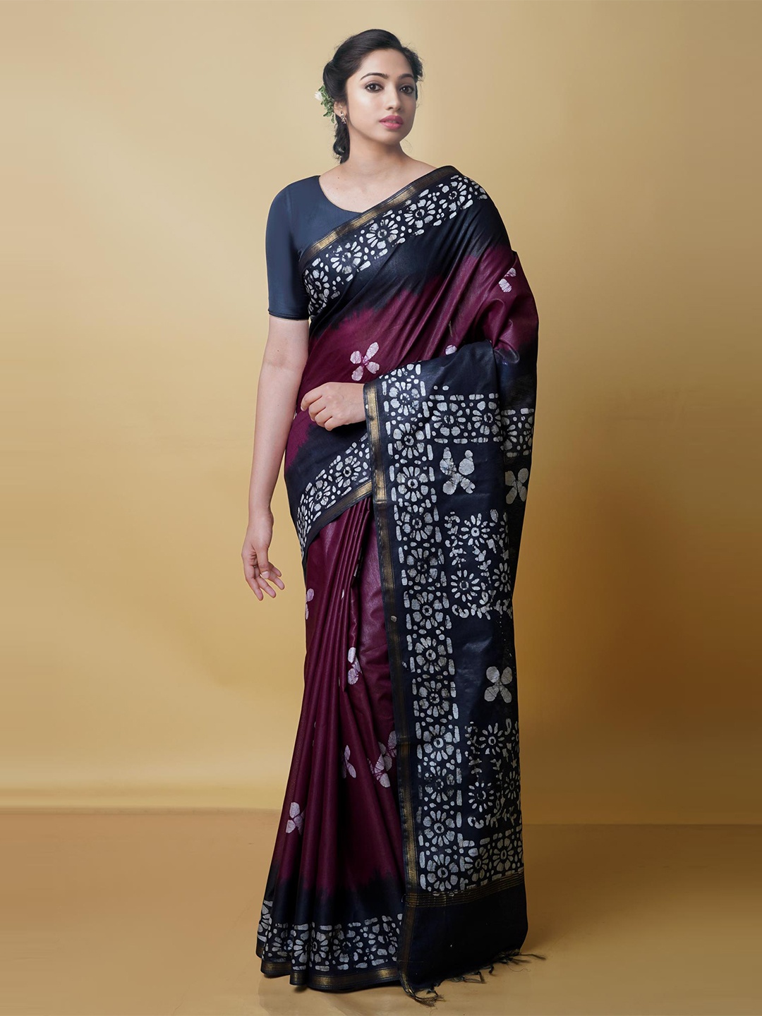 Unnati Silks Batik Zari Pure Silk Chanderi Saree, Burgundy