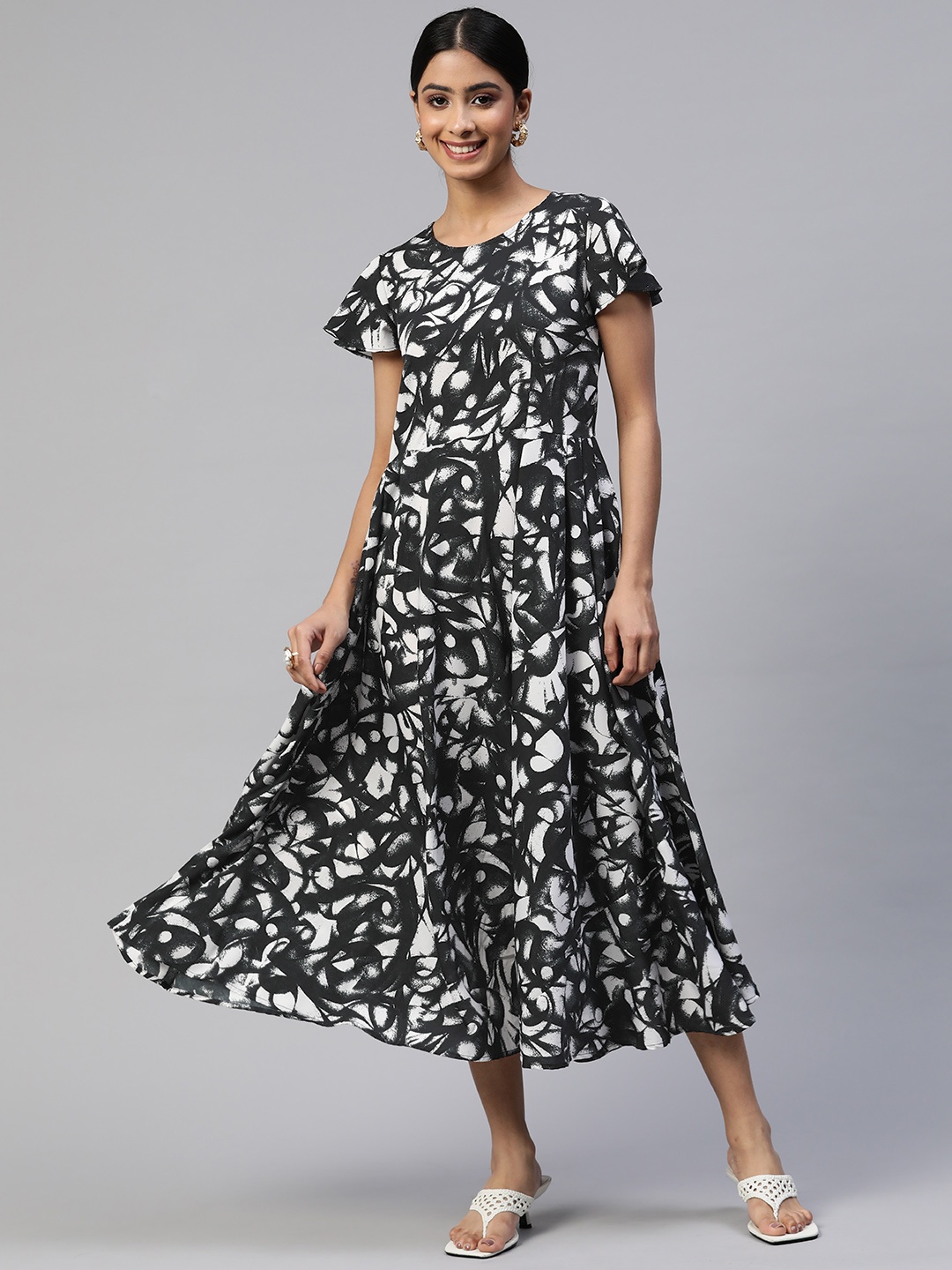 Cottinfab Crepe A-Line Midi Dress, Black