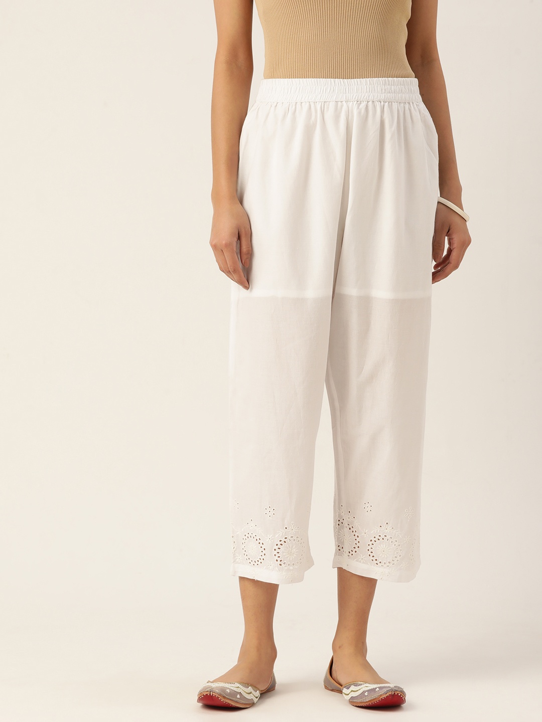 ZIZO By Namrata Bajaj Women Floral Embroidered Pure Cotton Comfort Loose Fit Trousers, White
ZIZO By Namrata Bajaj Women Floral Embroidered Pure Cotton Comfort Loose Fit Trousers, White