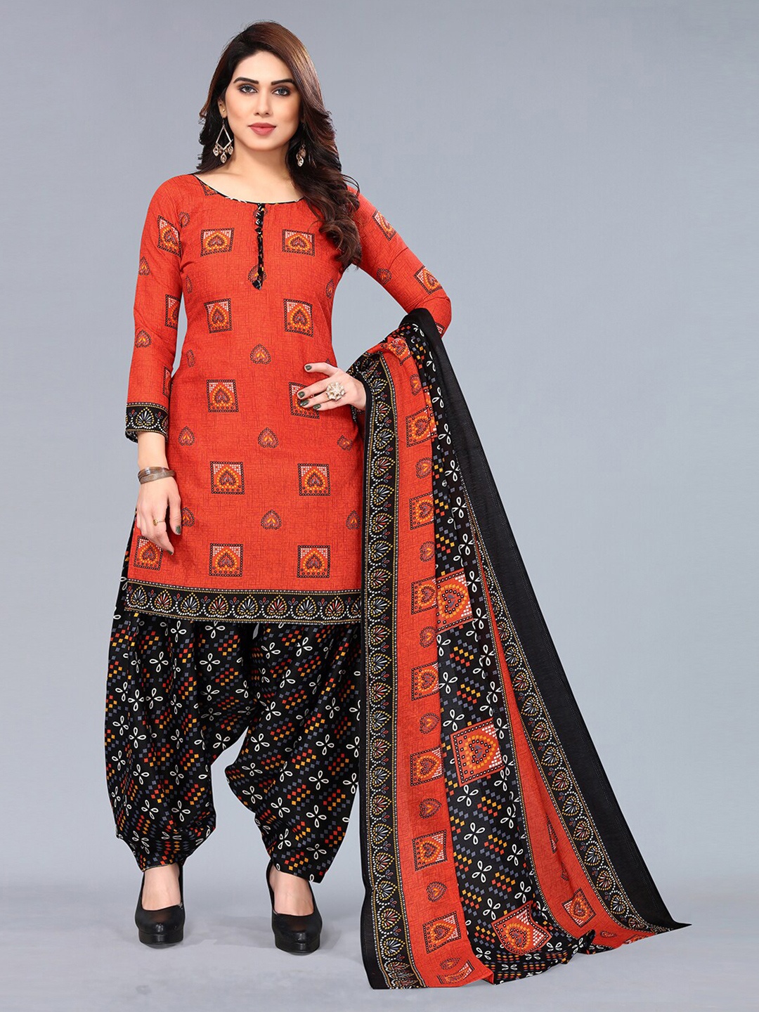 KALINI Printed Unstitched Dress Material, Red