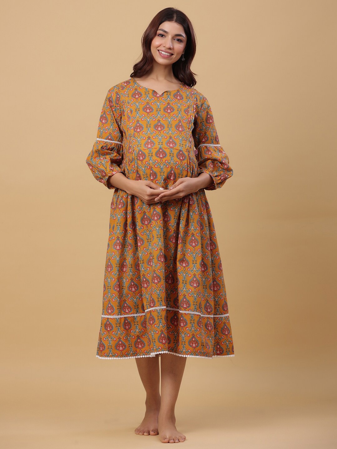 Ikk Kudi by Seerat Ethnic Motifs Printed Maternity Pure Cotton A-Line Dress, Mustard
Ikk Kudi by Seerat Ethnic Motifs Printed Maternity Pure Cotton A-Line Dress, Mustard