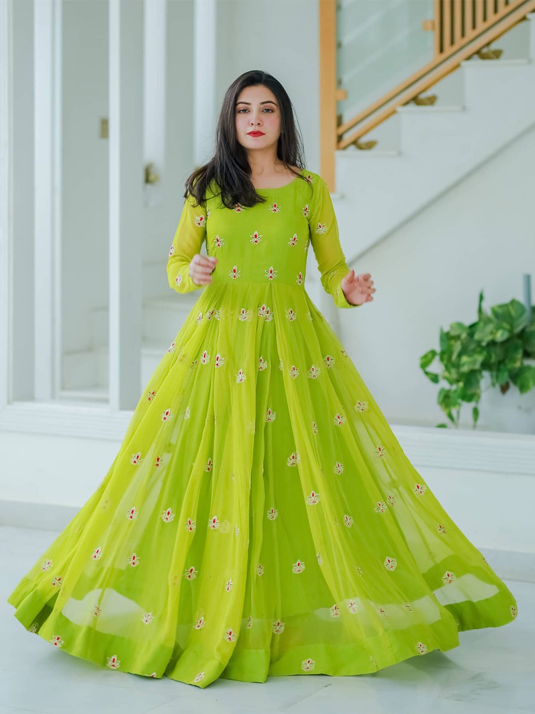 Ethnic Yard Green & Red Embroidered Semi-Stitched Dress Material