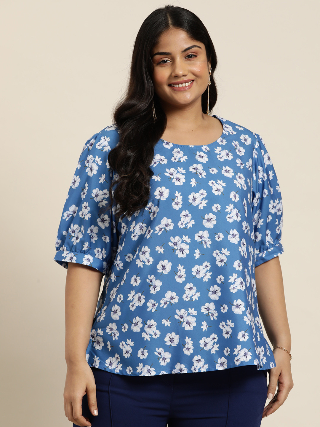 Sztori Plus Size Floral Print Puff Sleeves Top, Blue 
Sztori Plus Size Floral Print Puff Sleeves Top, Blue