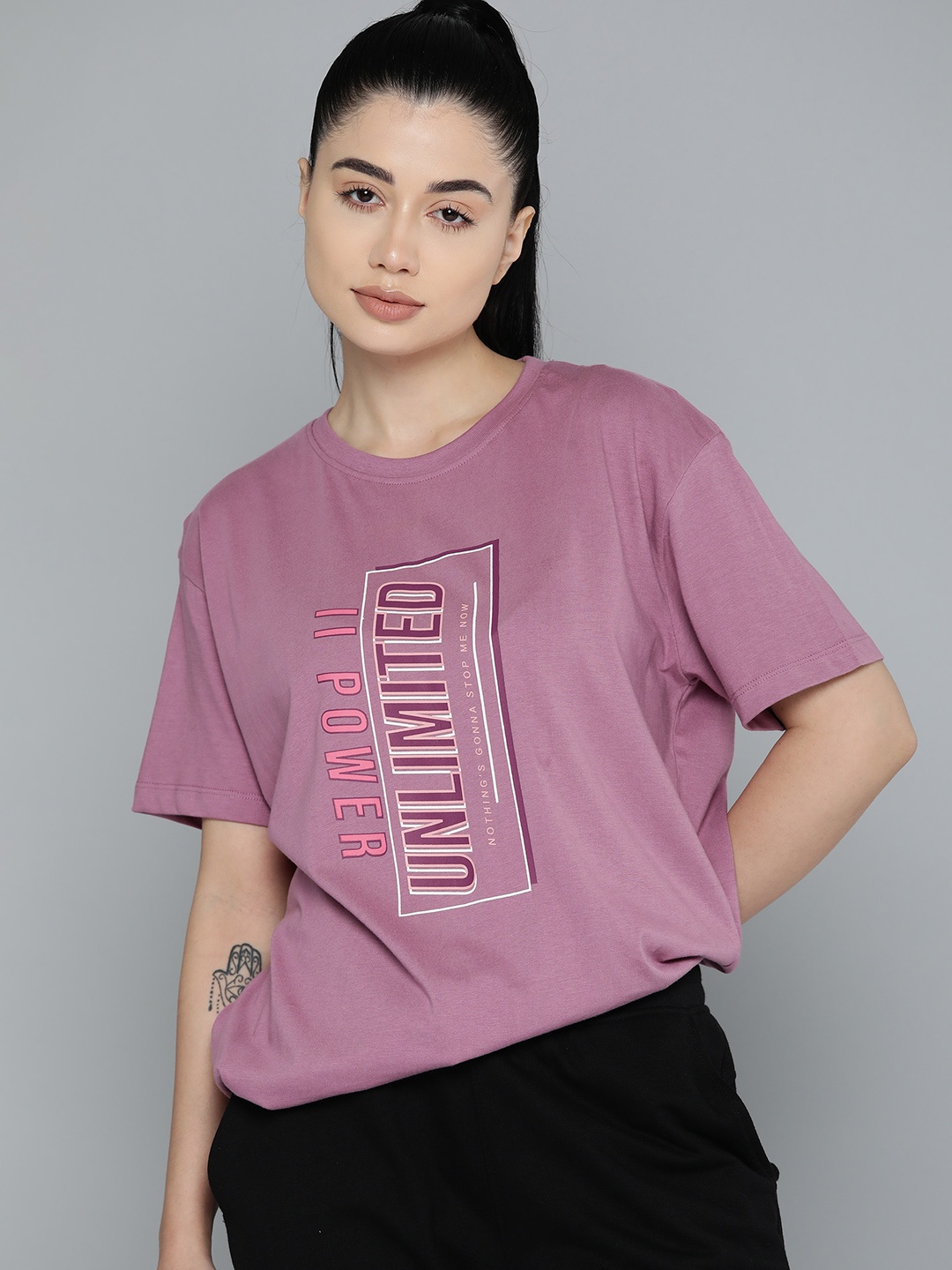 HRX by Hrithik Roshan Typography Printed Pure Cotton T-shirt, Mauve