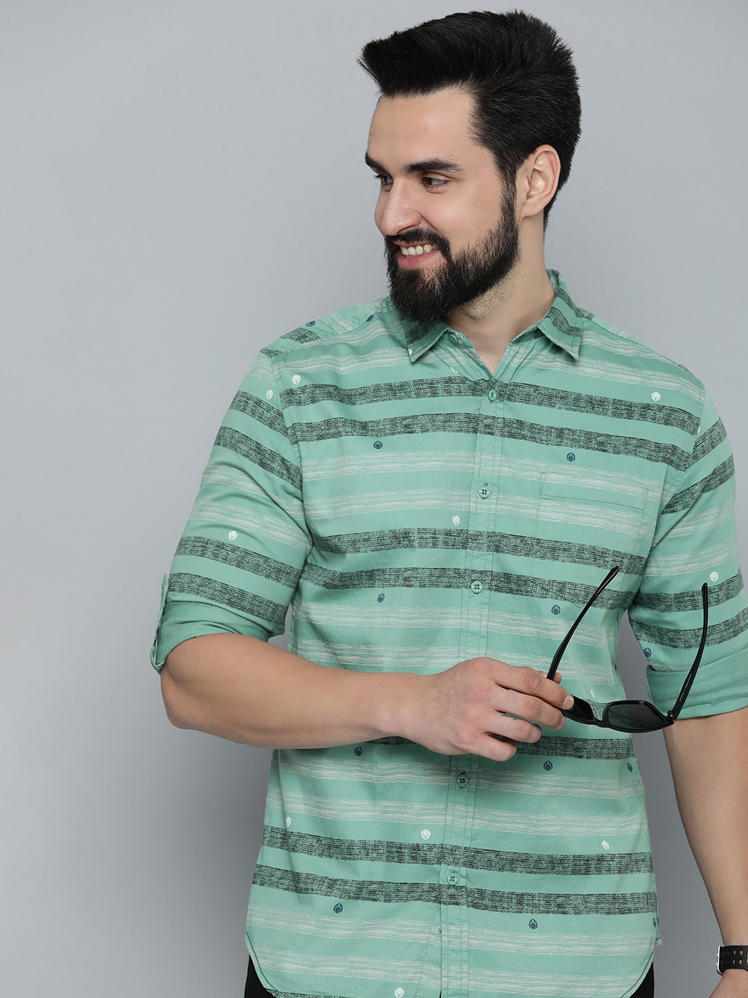 HERE&NOW Slim Fit Striped Pure Cotton Casual Shirt, Green