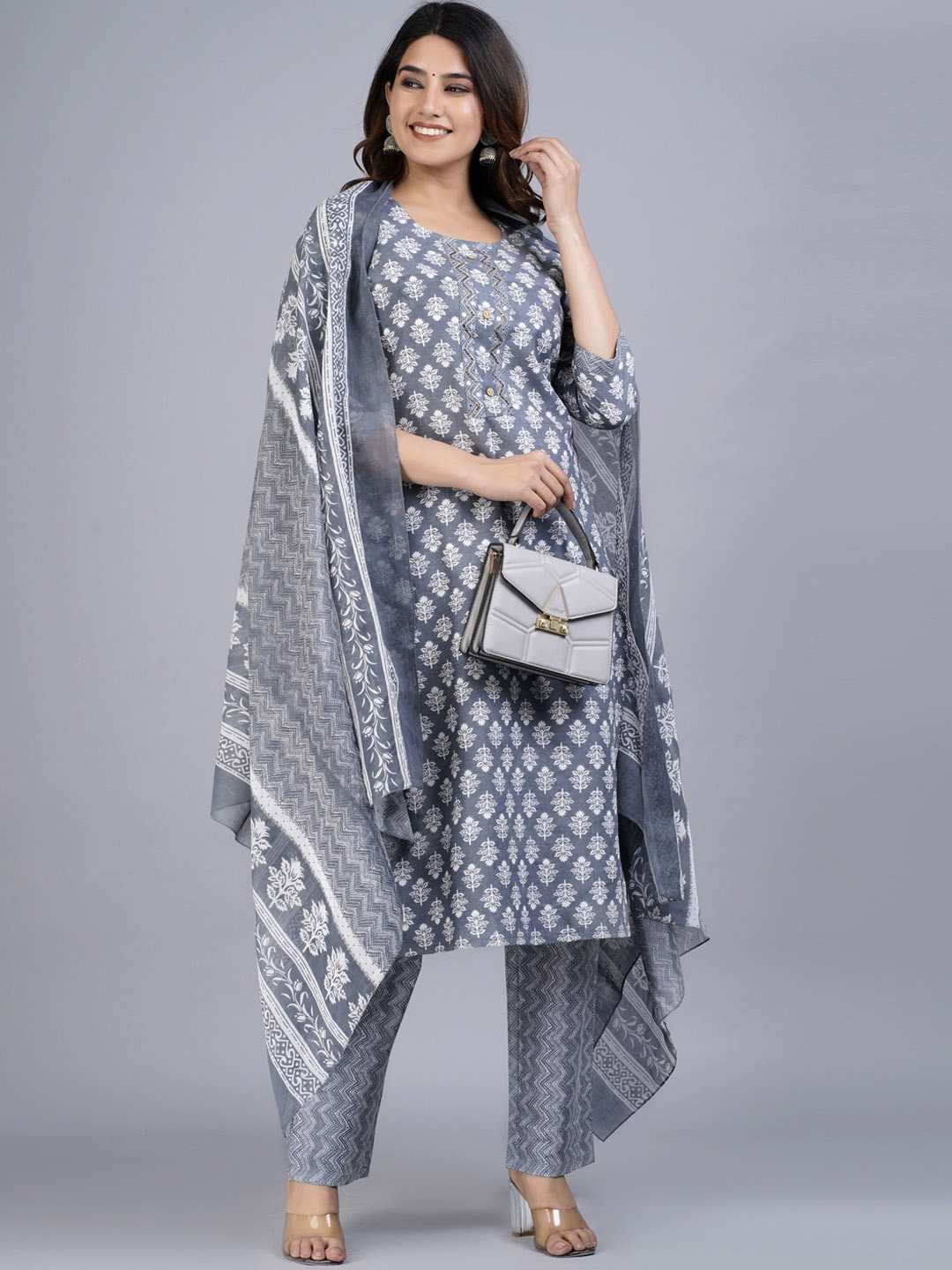 JAIPURI COLLECTION Women Ethnic Motifs Printed Pure Cotton Kurta with Trousers & Dupatta, Grey
JAIPURI COLLECTION Women Ethnic Motifs Printed Pure Cotton Kurta with Trousers & Dupatta, Grey