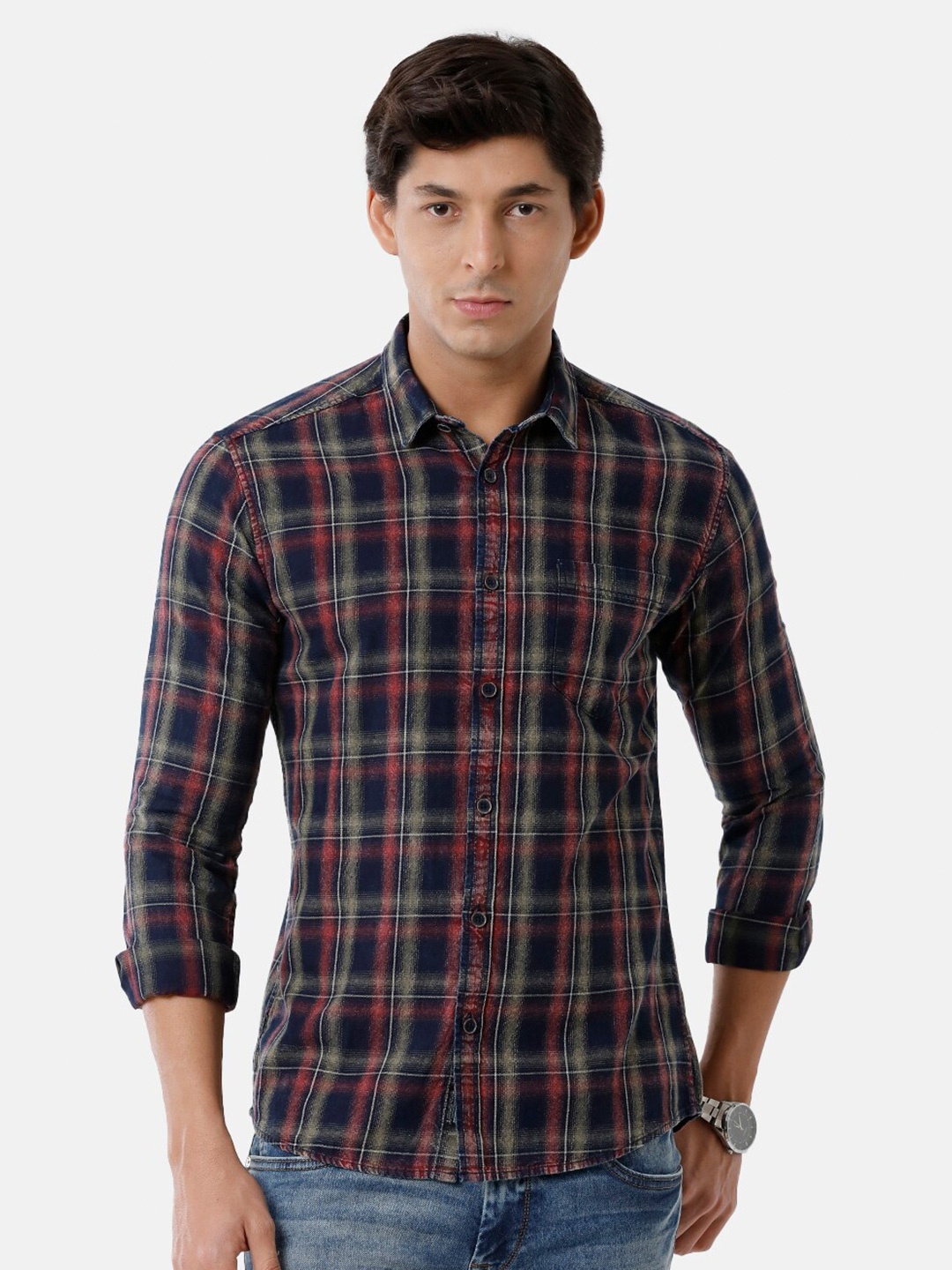Voi Jeans Men Tartan Checked Slim Fit Casual Pure Cotton Shirt, Blue