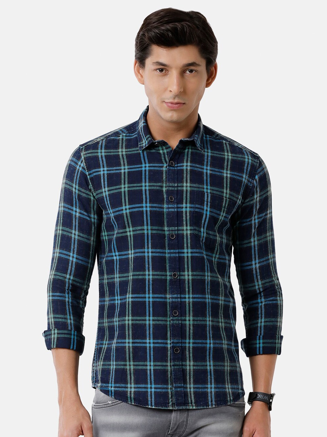 Voi Jeans Men Slim Fit Checked Casual Cotton Shirt, Blue