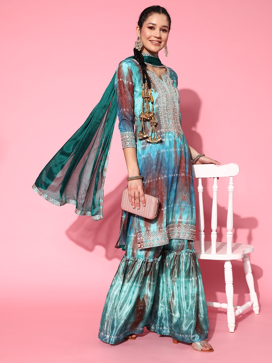 Sangria Bandhani Embroidered Mirror Work Kurta with Sharara & With Dupatta, Turquoise blue
Sangria Bandhani Embroidered Mirror Work Kurta with Sharara & With Dupatta, Turquoise blue