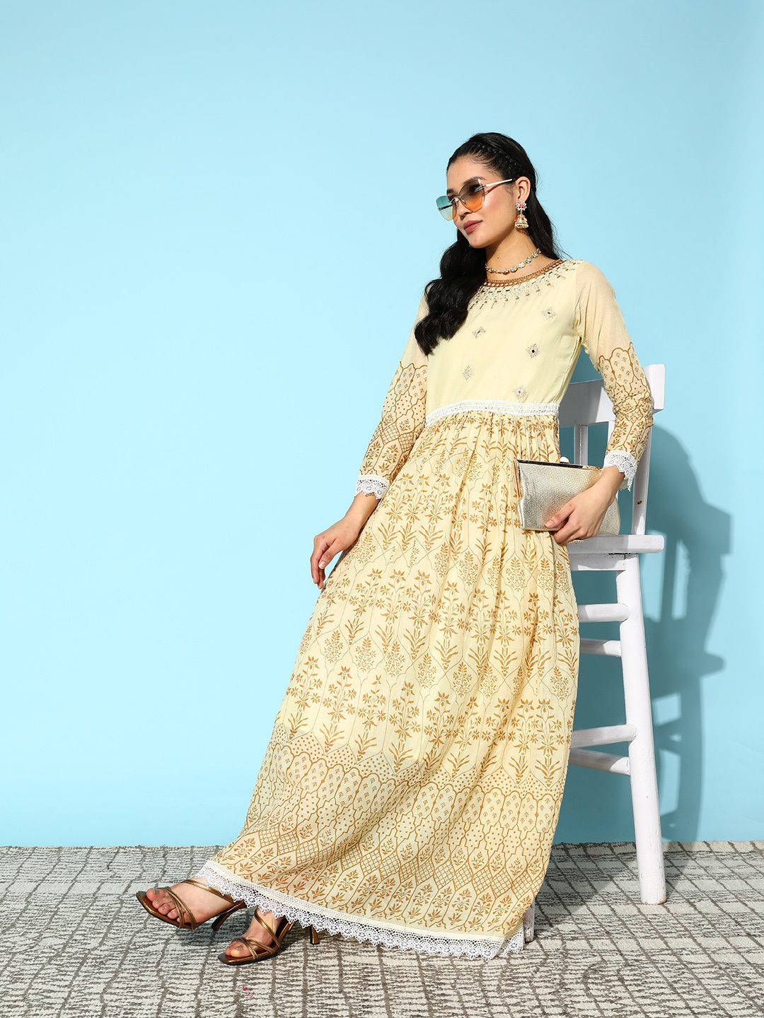 Sangria Floral Ethnic A-Line Maxi Dress, Cream