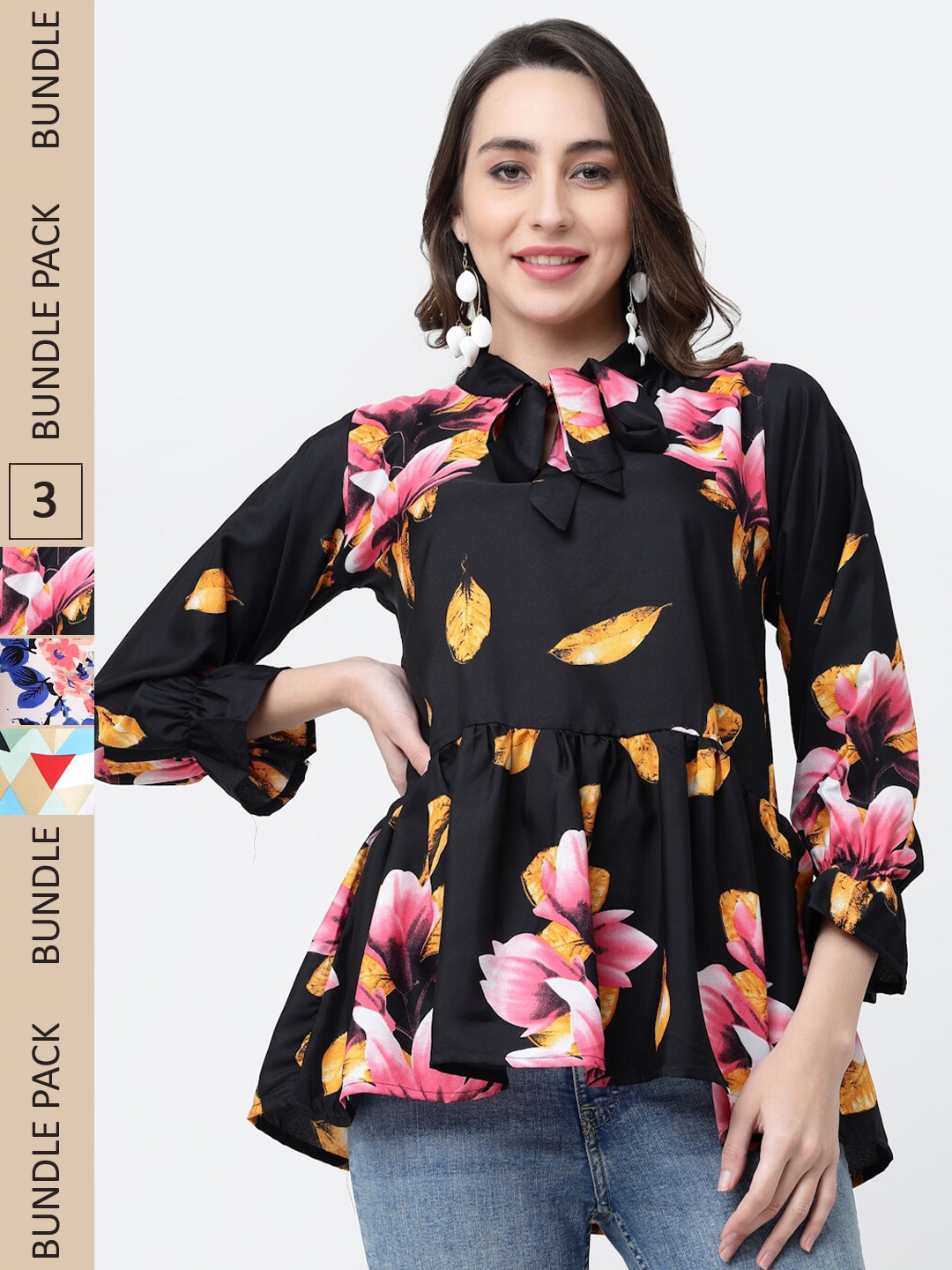 MISS AYSE Pack Of 3 Floral Print Tie-Up Neck Tunic, Black