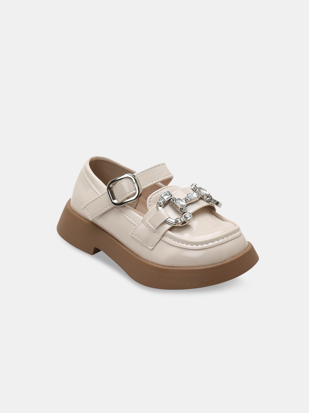 Hopscotch Girls Embellished Heeled Loafers, Cream