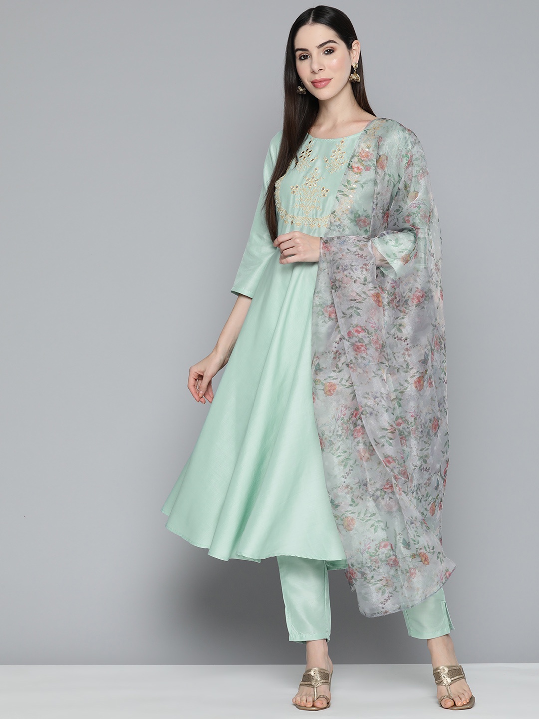 Jompers Floral Embroidered Mirror Work Kurta with Trousers & With Dupatta, Sea green
Jompers Floral Embroidered Mirror Work Kurta with Trousers & With Dupatta, Sea green