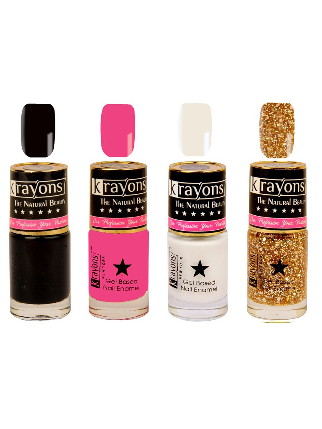 krayons Set of 4 Long-Lasting & Quick Dry Gel Based Nail Enamel 6 ml Each -Black Sea - Angel Pink - Shimmer Golden - White Canvas, Multi
krayons Set of 4 Long-Lasting & Quick Dry Gel Based Nail Enamel 6 ml Each -Black Sea - Angel Pink - Shimmer Golden - White Canvas, Multi