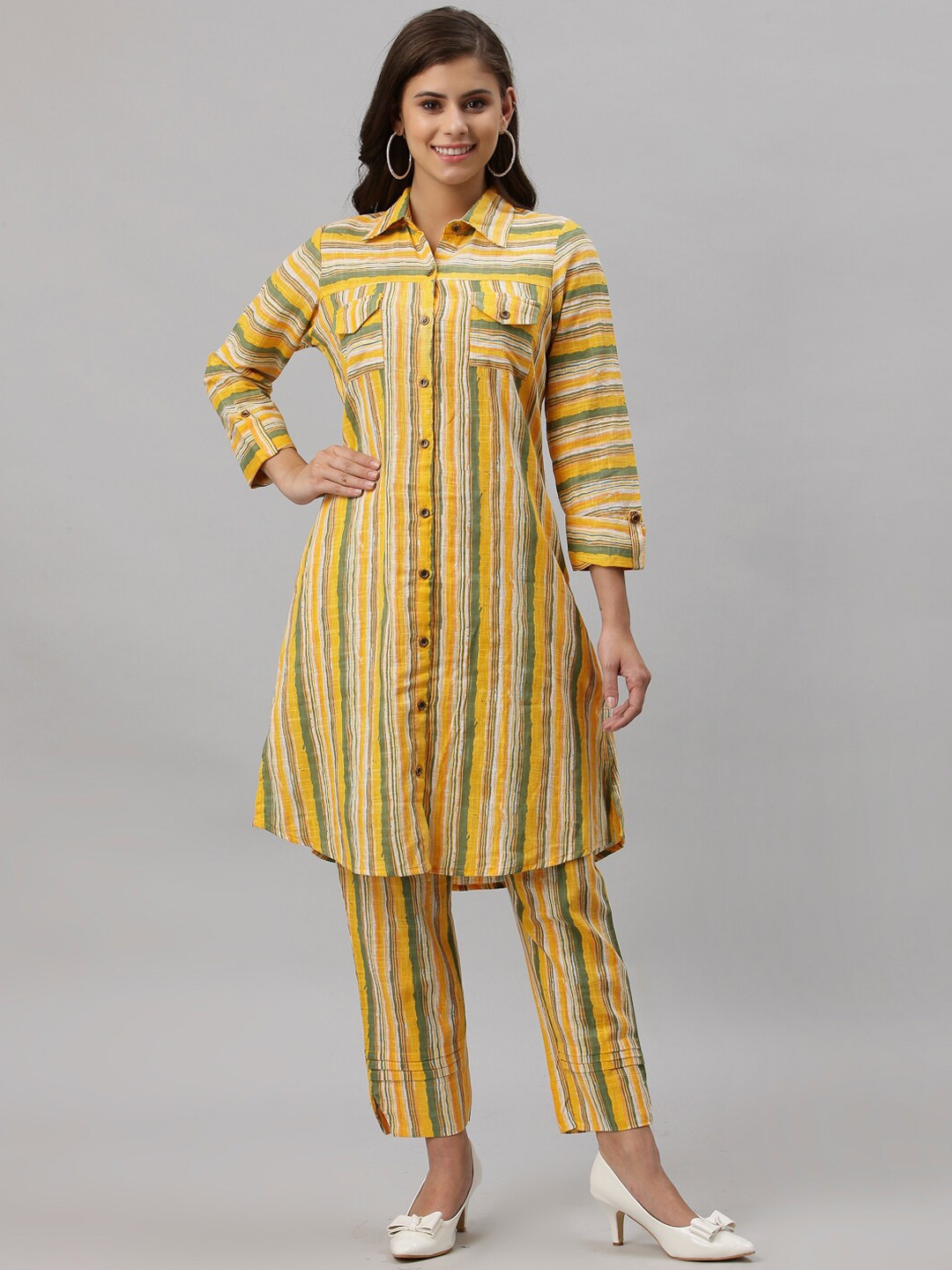 Get Glamr Women Striped Linen Kurta With Trousers, Yellow