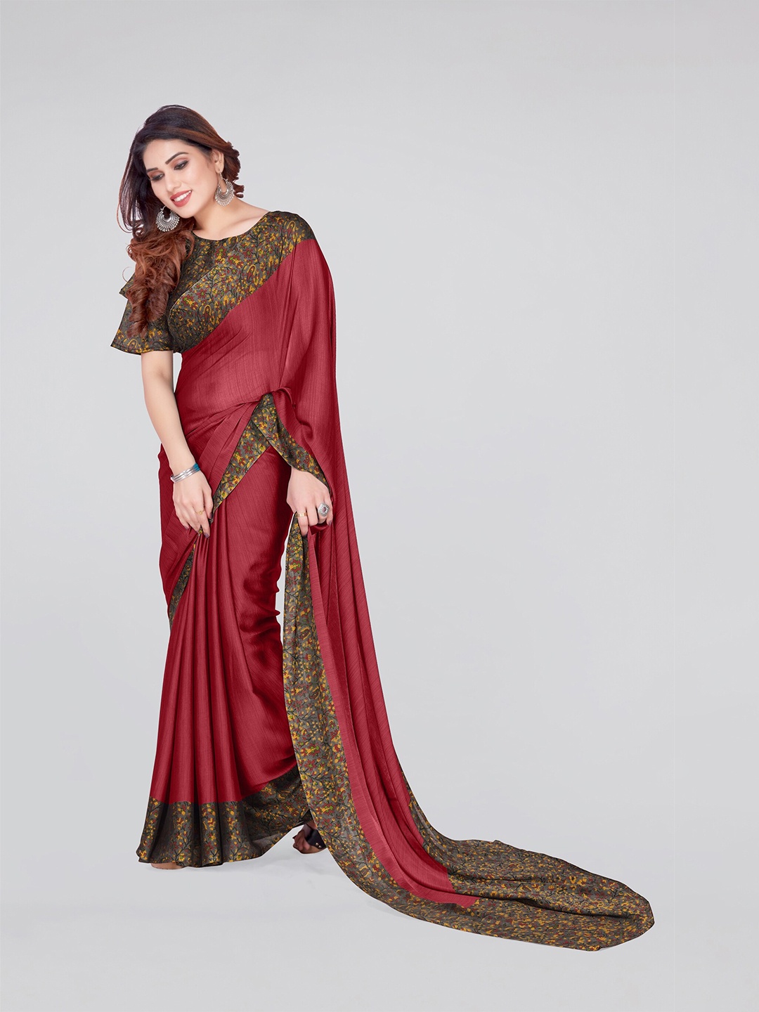 KALINI Floral Printed Border Saree, Red