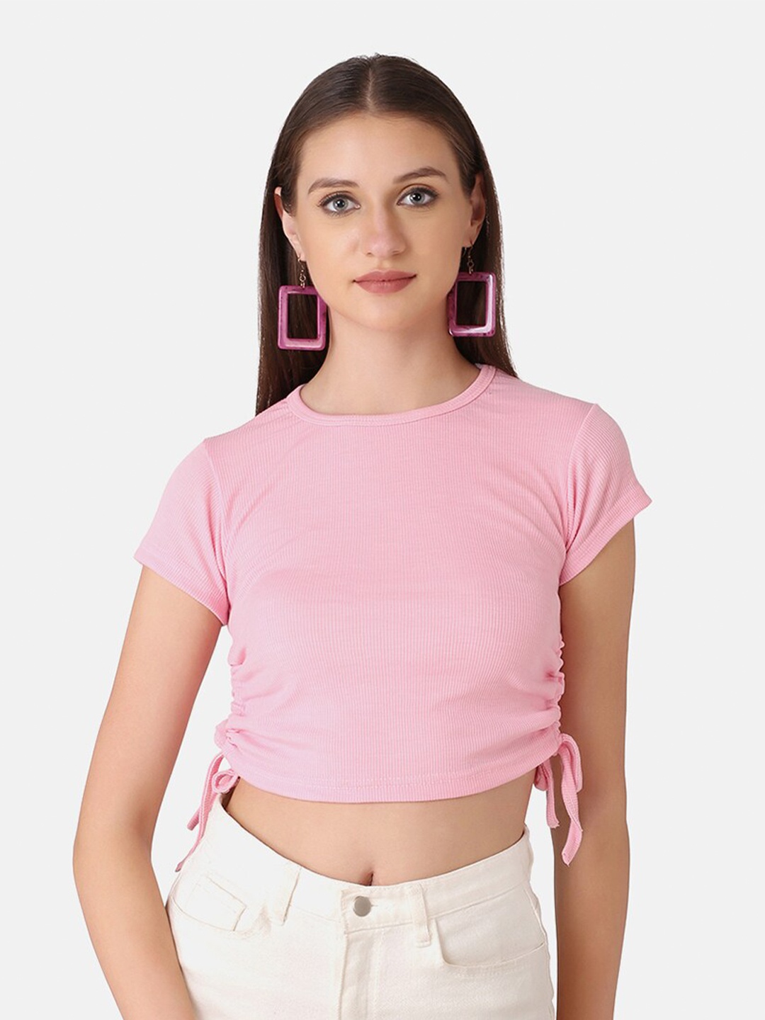 BUY NEW TREND Round Neck Crop Top, Pink