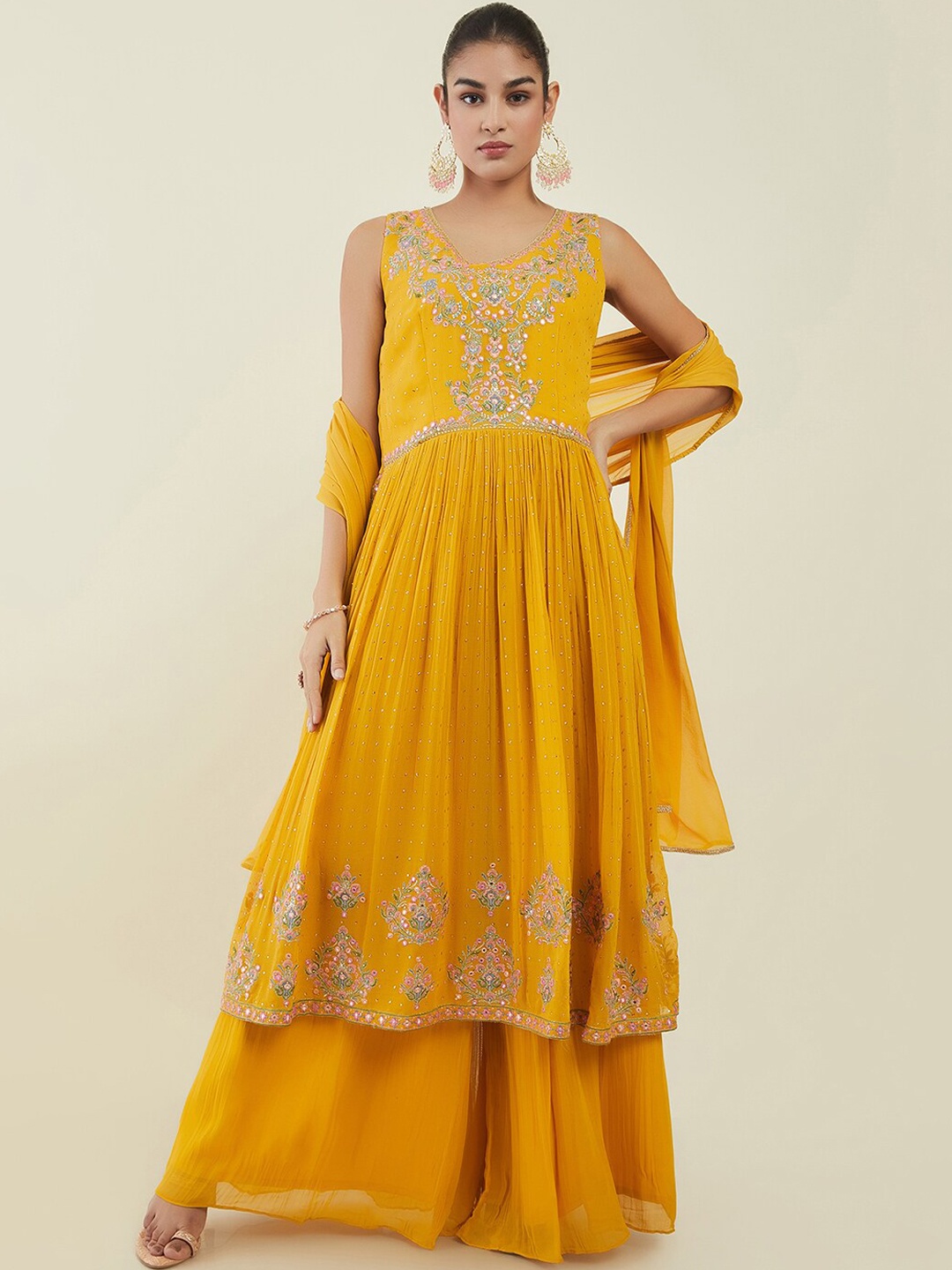 Soch Women Floral Embroidered Mirror Work Kurta with Palazzos & With Dupatta, Mustard
Soch Women Floral Embroidered Mirror Work Kurta with Palazzos & With Dupatta, Mustard