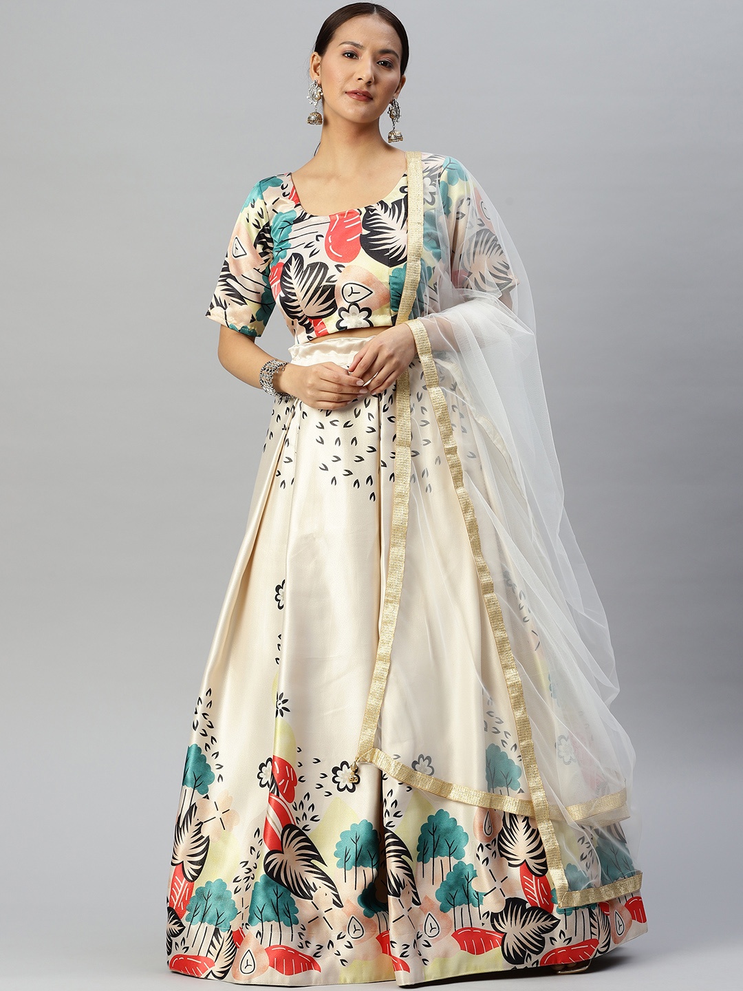 Readiprint Fashions Unstitched Lehenga & Blouse With Dupatta, Cream