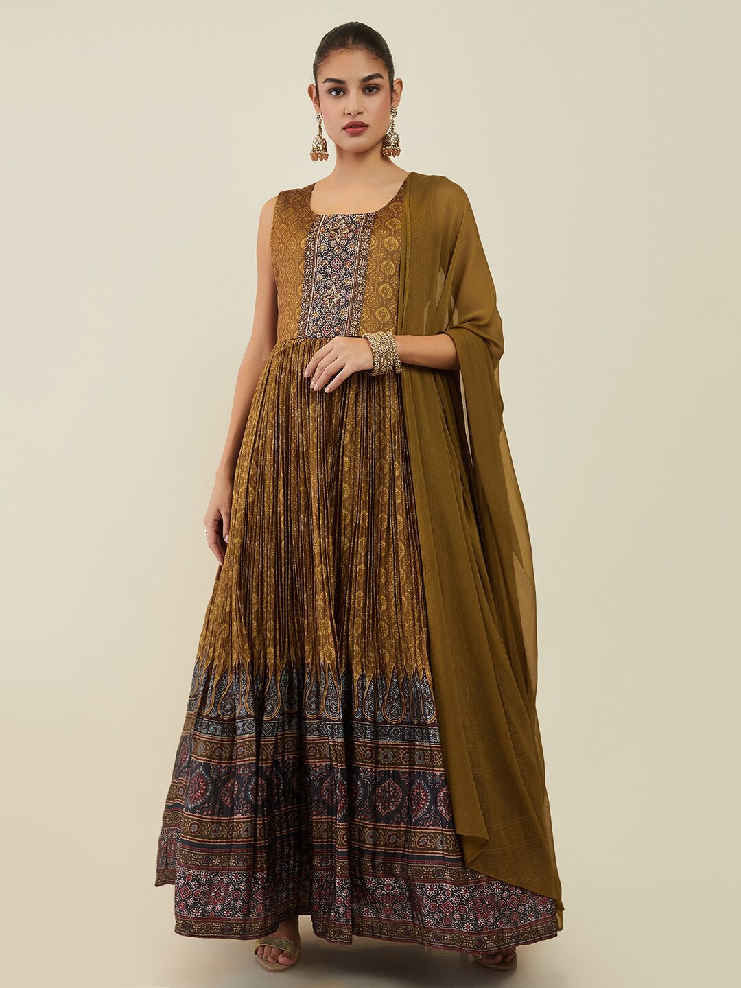Soch Women Printed Pleated Sequinned Pure Cotton Kurta with Churidar & Dupatta, Mustard
Soch Women Printed Pleated Sequinned Pure Cotton Kurta with Churidar & Dupatta, Mustard