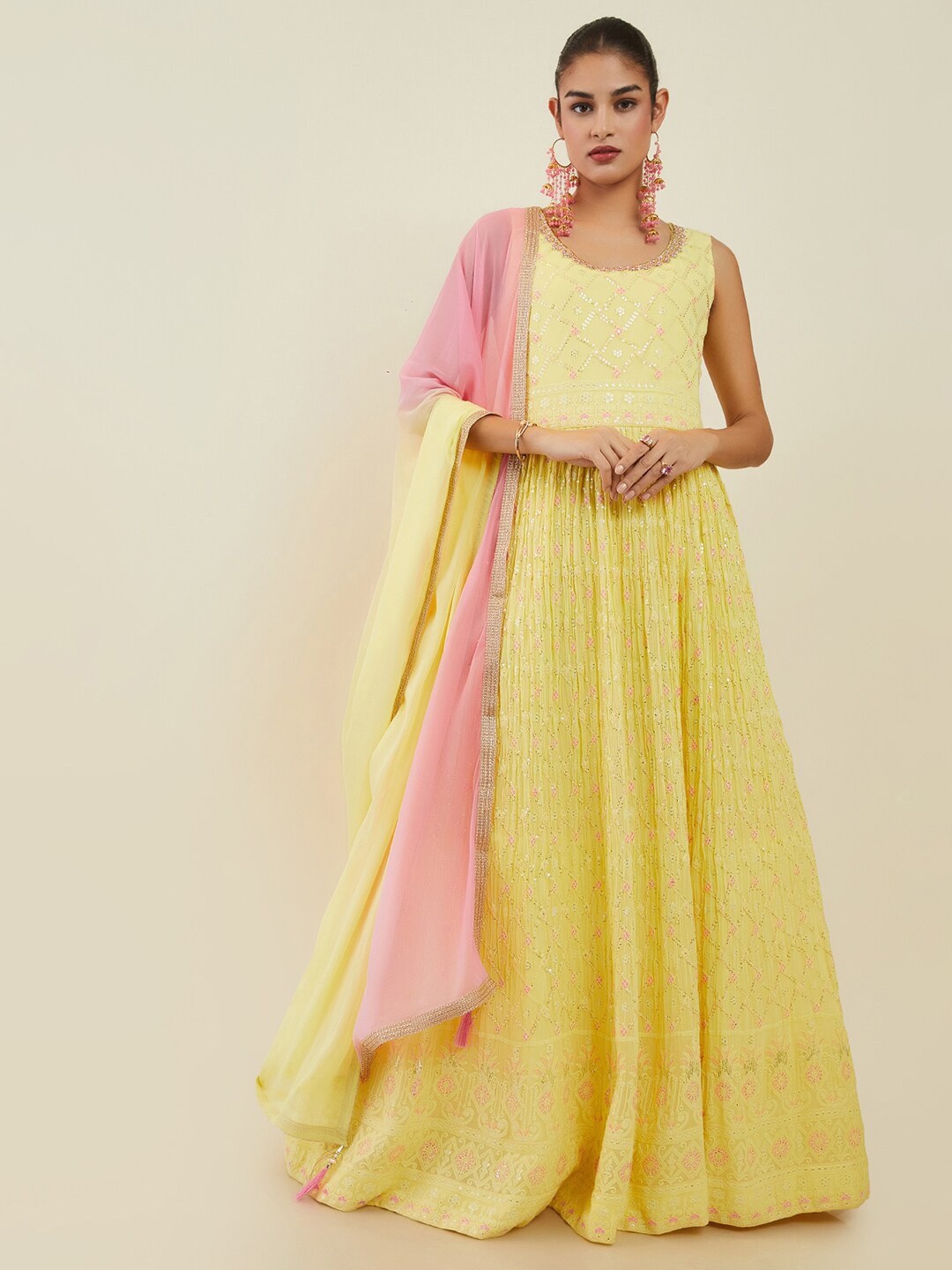 Soch Women Embroidered Pleated Sequinned Georgette Kurta with Churidar & Dupatta, Yellow
Soch Women Embroidered Pleated Sequinned Georgette Kurta with Churidar & Dupatta, Yellow