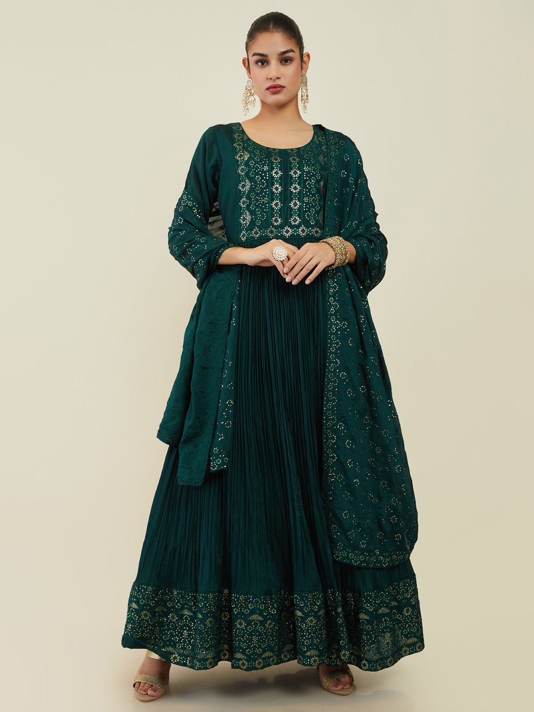 Soch Floral Embellished Sequined Pure Cotton Maxi Kurta With Churidar & Dupatta, Green
Soch Floral Embellished Sequined Pure Cotton Maxi Kurta With Churidar & Dupatta, Green