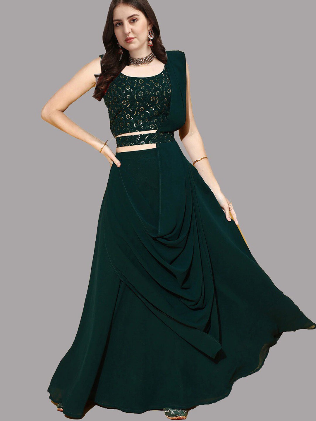 Fashionuma Green & Silver-Toned Embroidered Semi-Stitched Lehenga & Unstitched Blouse With Dupatta