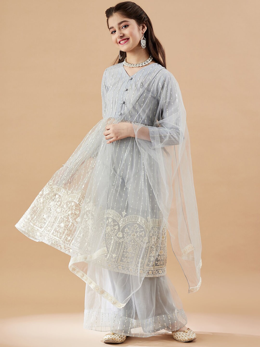 Cherry & Jerry Girls Striped Embroidered Mesh Empire Sequinned Kurta & Sharara & Dupatta, Blue
Cherry & Jerry Girls Striped Embroidered Mesh Empire Sequinned Kurta & Sharara & Dupatta, Blue