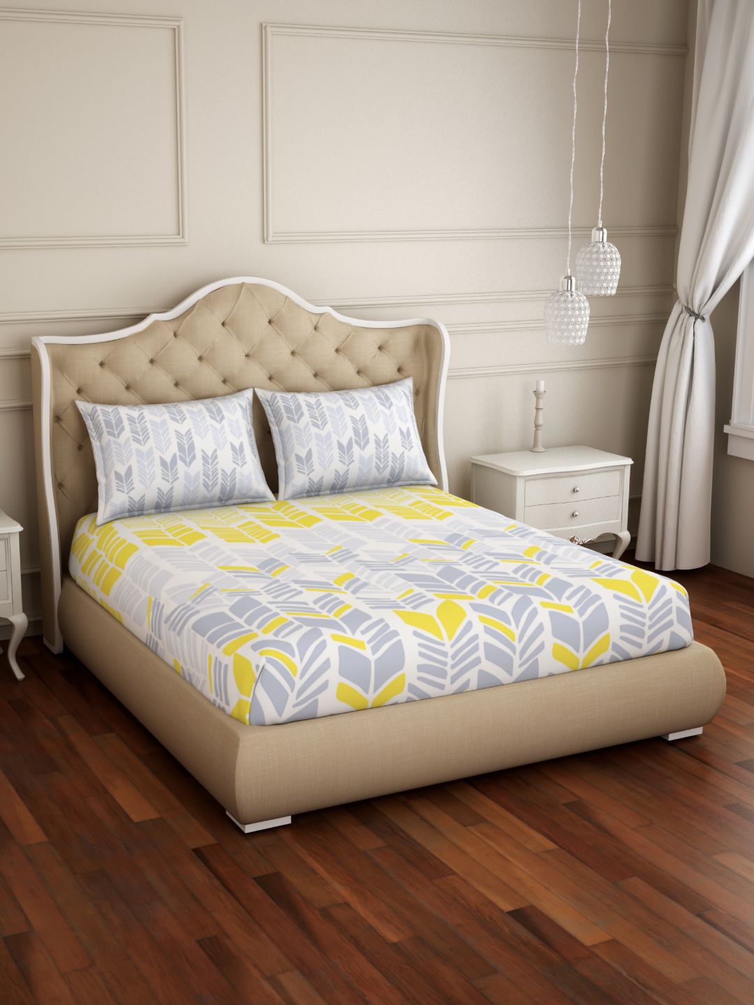 SPACES White & Yellow Geometric 210 TC Fitted Pure Cotton King Bedsheet & 2 Pillow Covers
SPACES White & Yellow Geometric 210 TC Fitted Pure Cotton King Bedsheet & 2 Pillow Covers
