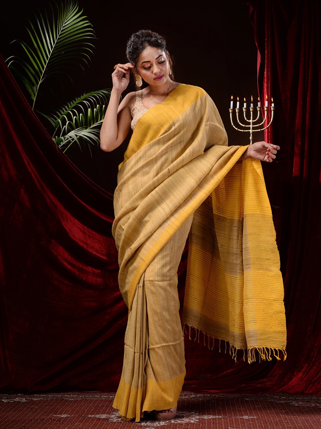 Mitera Bordered Striped Saree, Yellow