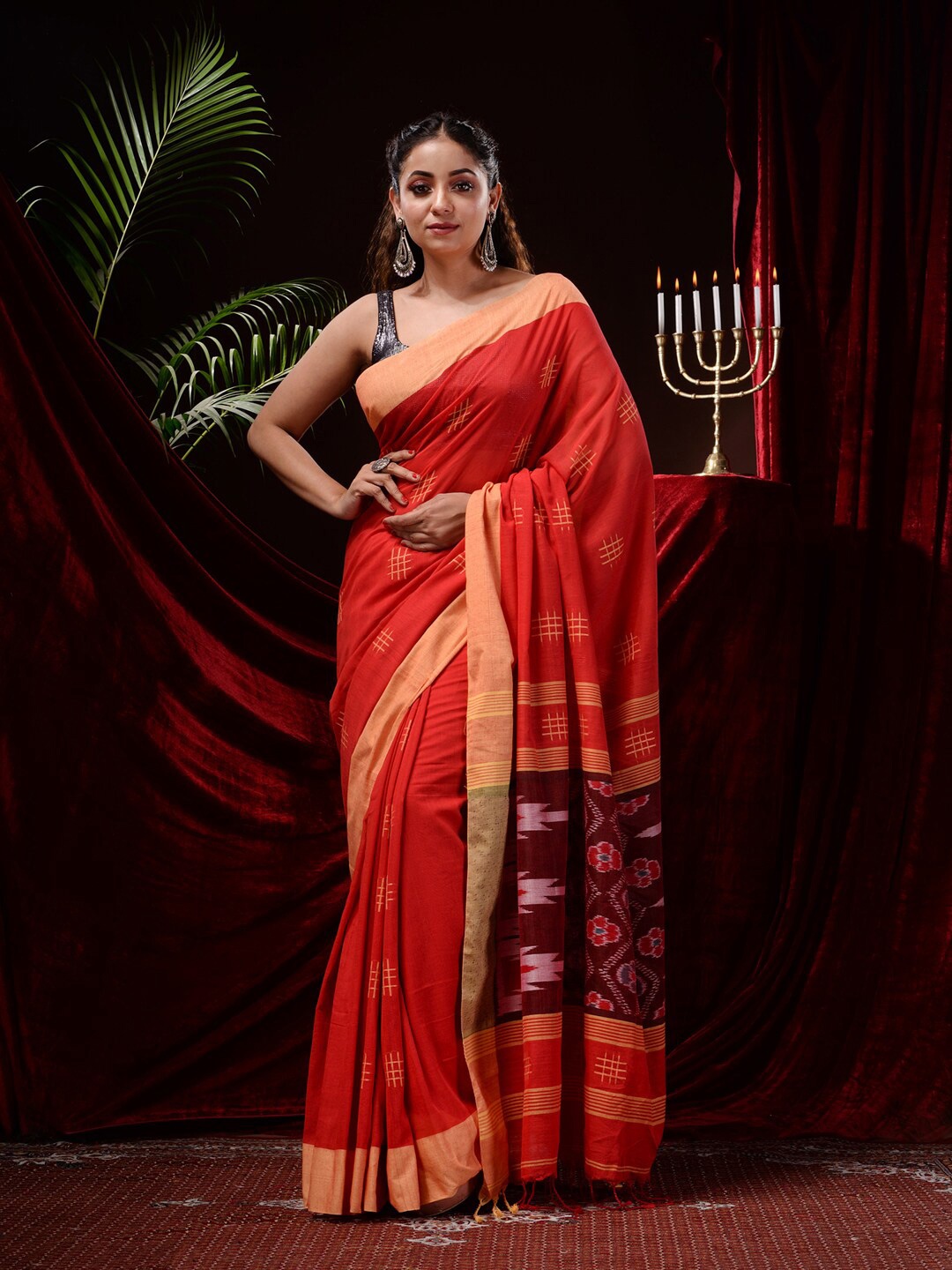 Mitera Ethnic Motifs Woven Design Pure Cotton Saree, Red