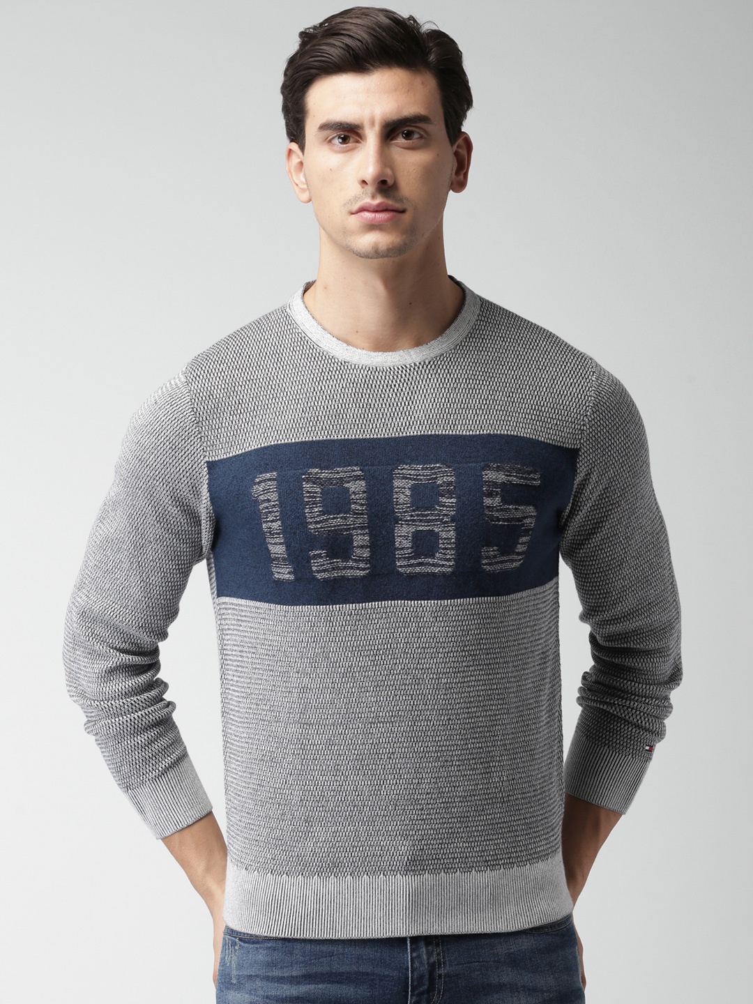 Tommy Hilfiger Men Grey Melange & Navy Self Design Pullover