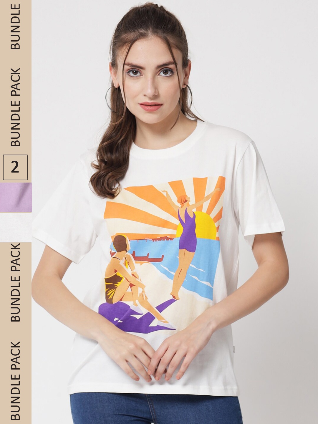 The Dry State Women Pack of 2 Printed Round Neck Cotton Loose T-shirts, Lavender