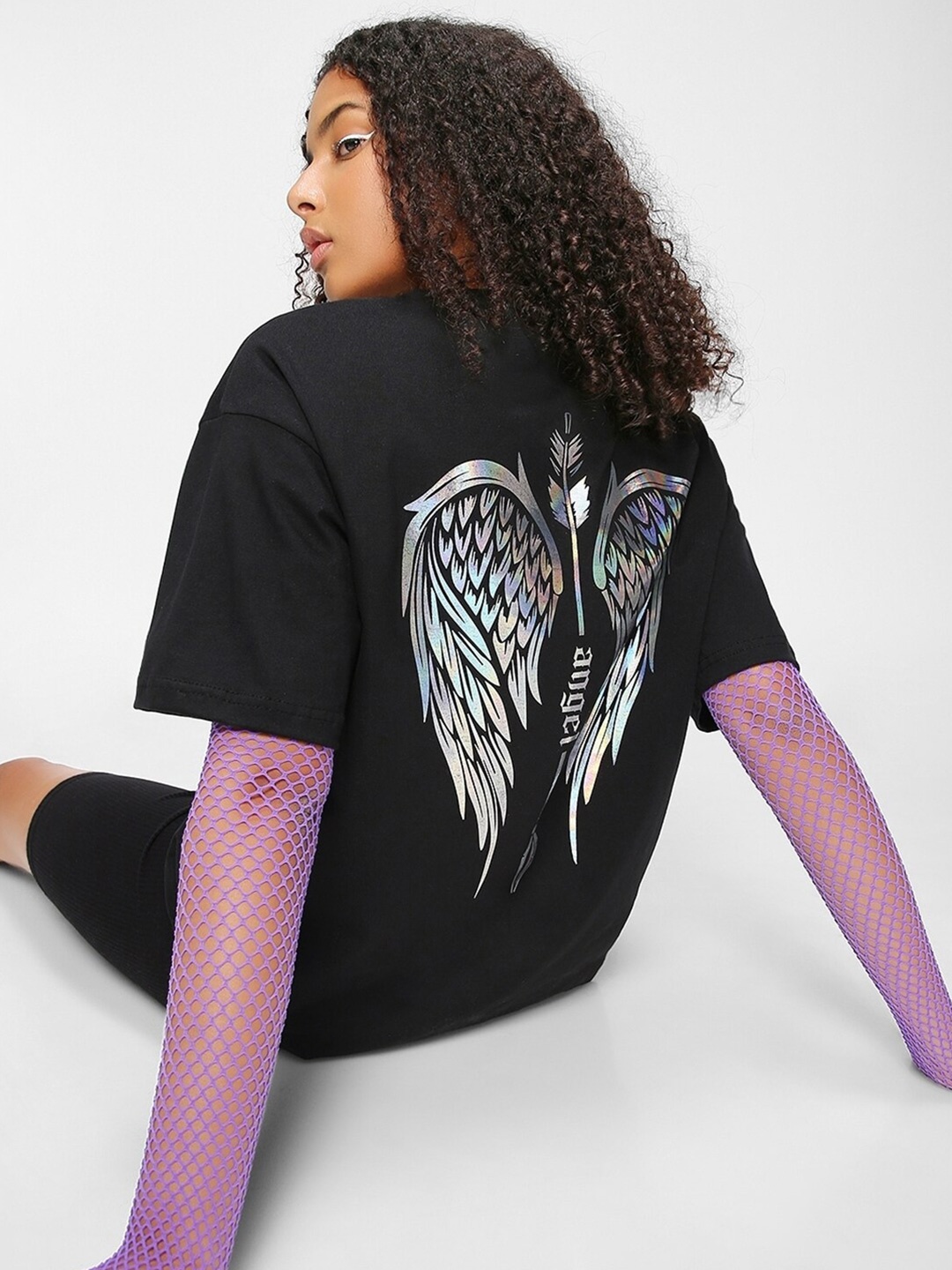 Bewakoof Women Angle Wings Graphic Printed Oversized T-shirt, Black