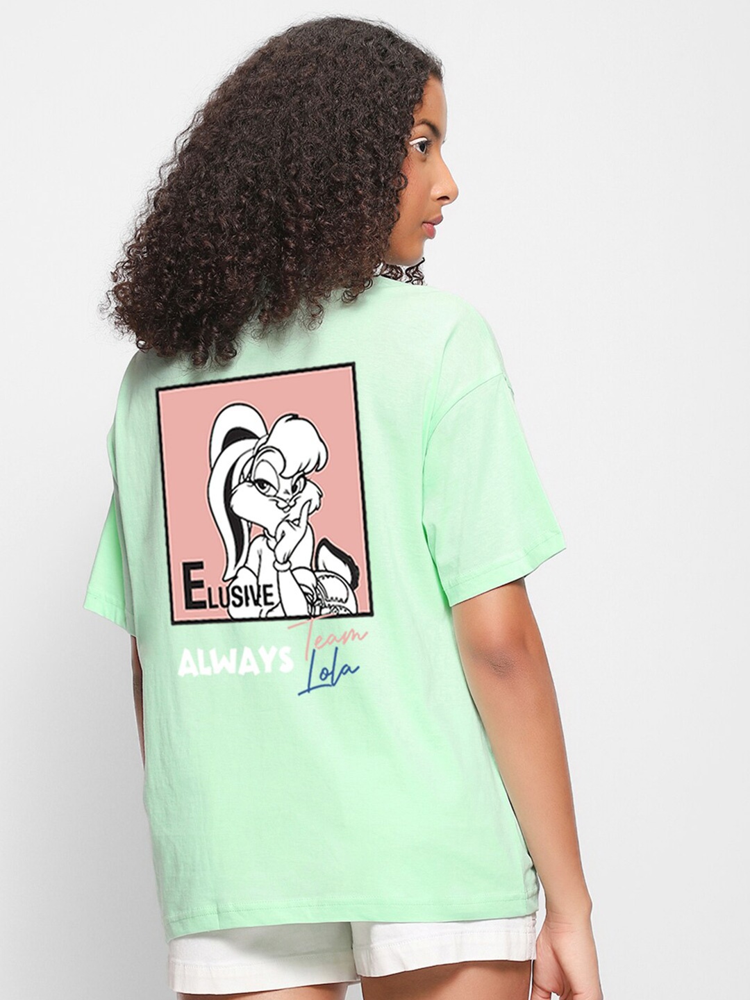 Bewakoof Women Team LOLA Graphic Printed Oversized Pure Cotton T-shirt, Sea green