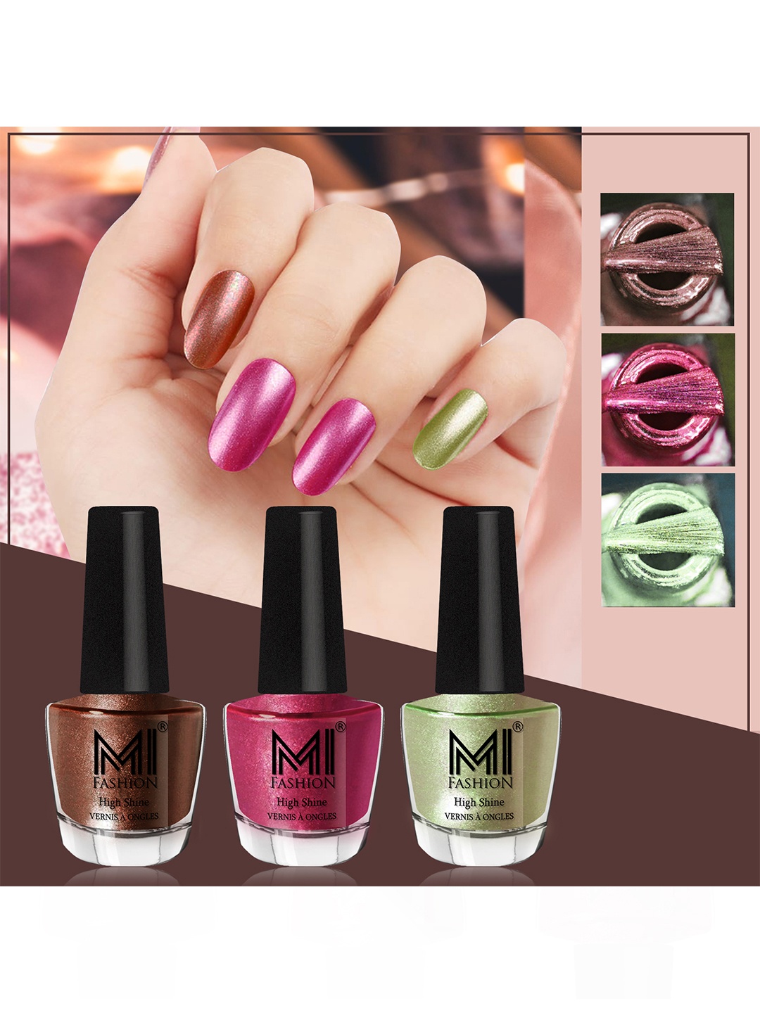 MI FASHION Set of 3 High Shine Long-Lasting Nail Lacquer12 ml Each - Brown Coffee 05 - Metallic Red 07 - Metallic Olive Green 11
MI FASHION Set of 3 High Shine Long-Lasting Nail Lacquer12 ml Each - Brown Coffee 05 - Metallic Red 07 - Metallic Olive Green 11