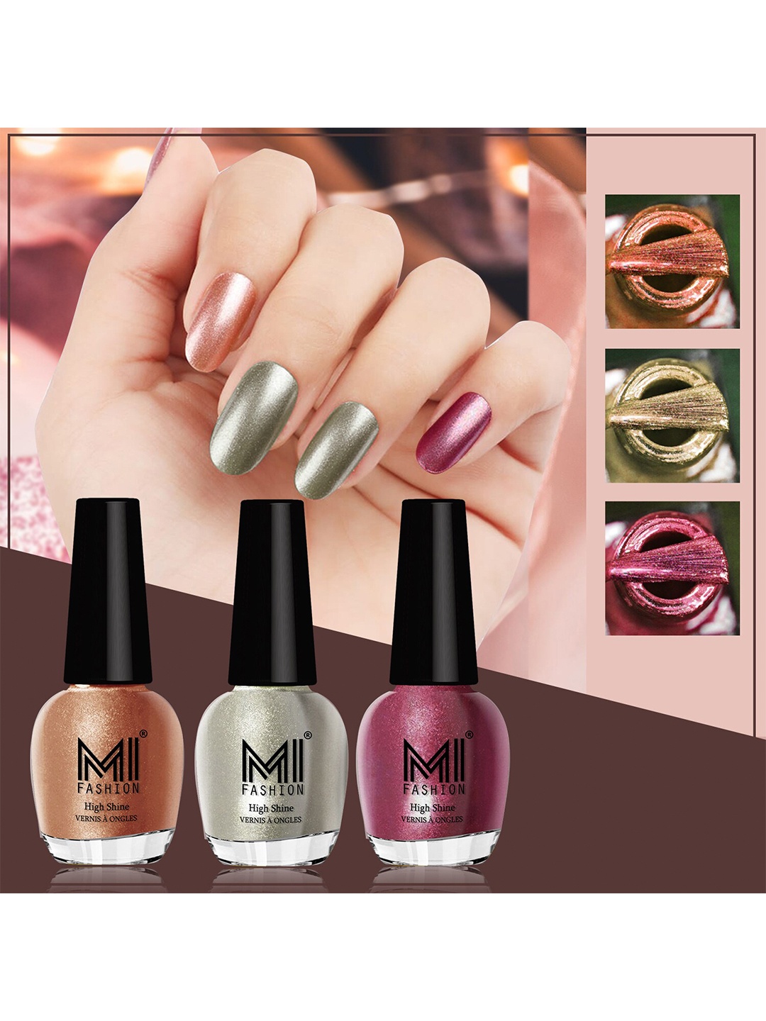 MI FASHION Set of 3 High Shine Long-Lasting Nail Lacquer 12 ml Each - Bronze Magnetic 62 - Metallic Green 67 - Shimmer Coffee 09, Rose gold
MI FASHION Set of 3 High Shine Long-Lasting Nail Lacquer 12 ml Each - Bronze Magnetic 62 - Metallic Green 67 - Shimmer Coffee 09, Rose gold