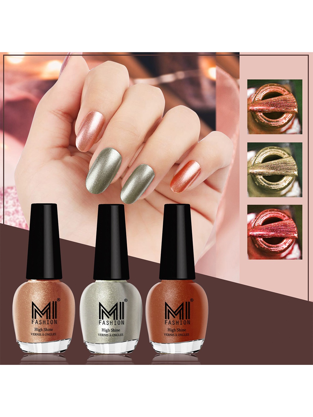 MI FASHION Set of 3 High Shine Long-Lasting Nail Lacquer 12 ml Each -Bronze Magnetic 62 - Metallic Green 67 - Red Gold 60, Rose gold
MI FASHION Set of 3 High Shine Long-Lasting Nail Lacquer 12 ml Each -Bronze Magnetic 62 - Metallic Green 67 - Red Gold 60, Rose gold