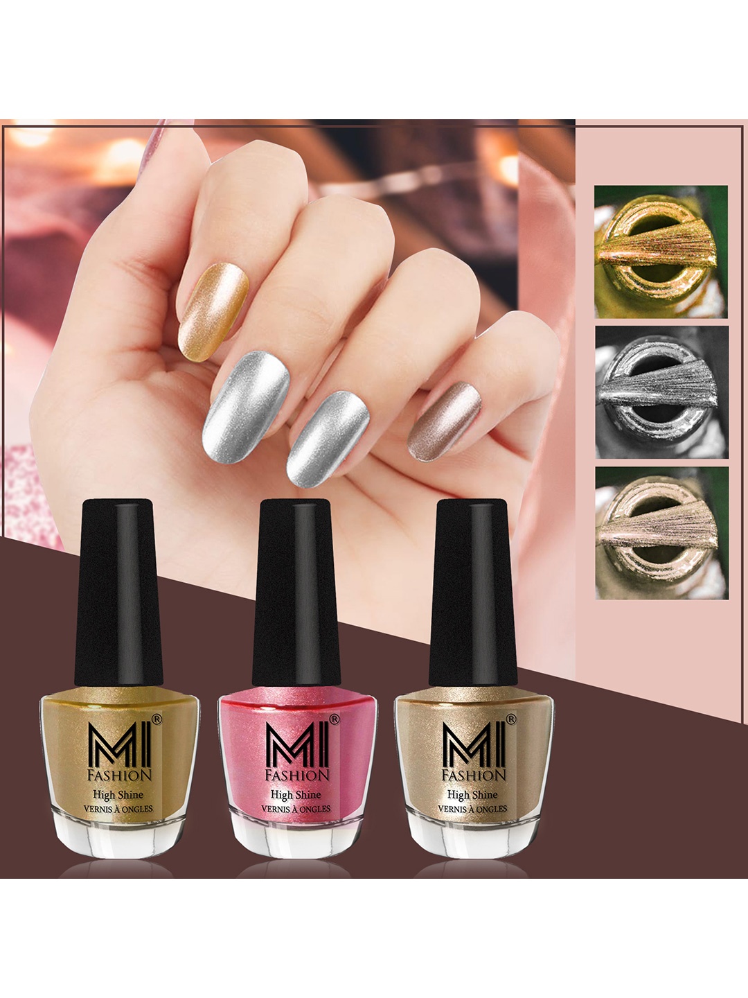 MI FASHION Set of 3 High Shine Long-Lasting Nail Lacquer 12 ml Each -Metallic Silver 46 - Metallic Pink 47 - Light Golden 13
MI FASHION Set of 3 High Shine Long-Lasting Nail Lacquer 12 ml Each -Metallic Silver 46 - Metallic Pink 47 - Light Golden 13