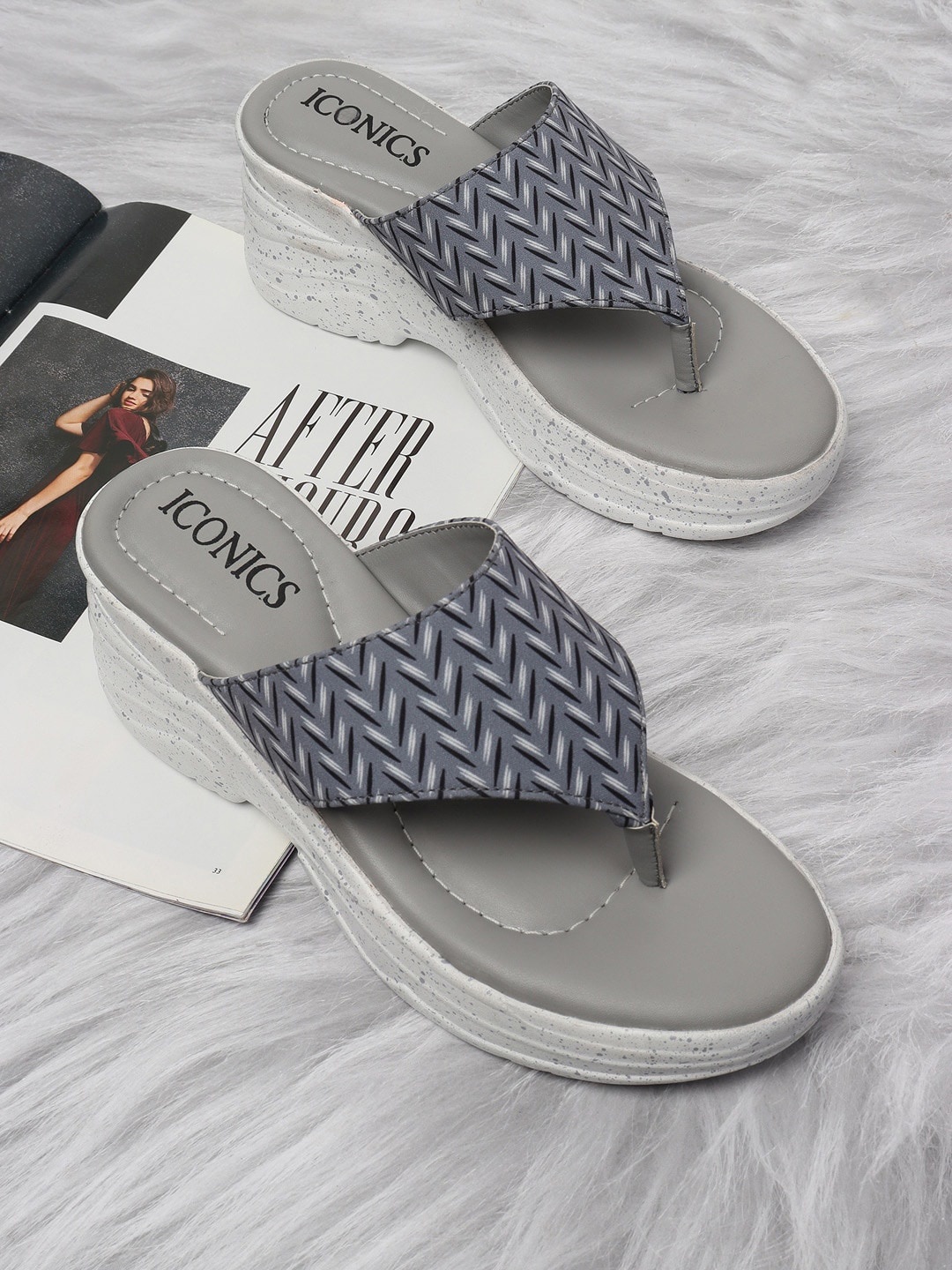 ICONICS Printed T-Strap Wedge Heels, Grey